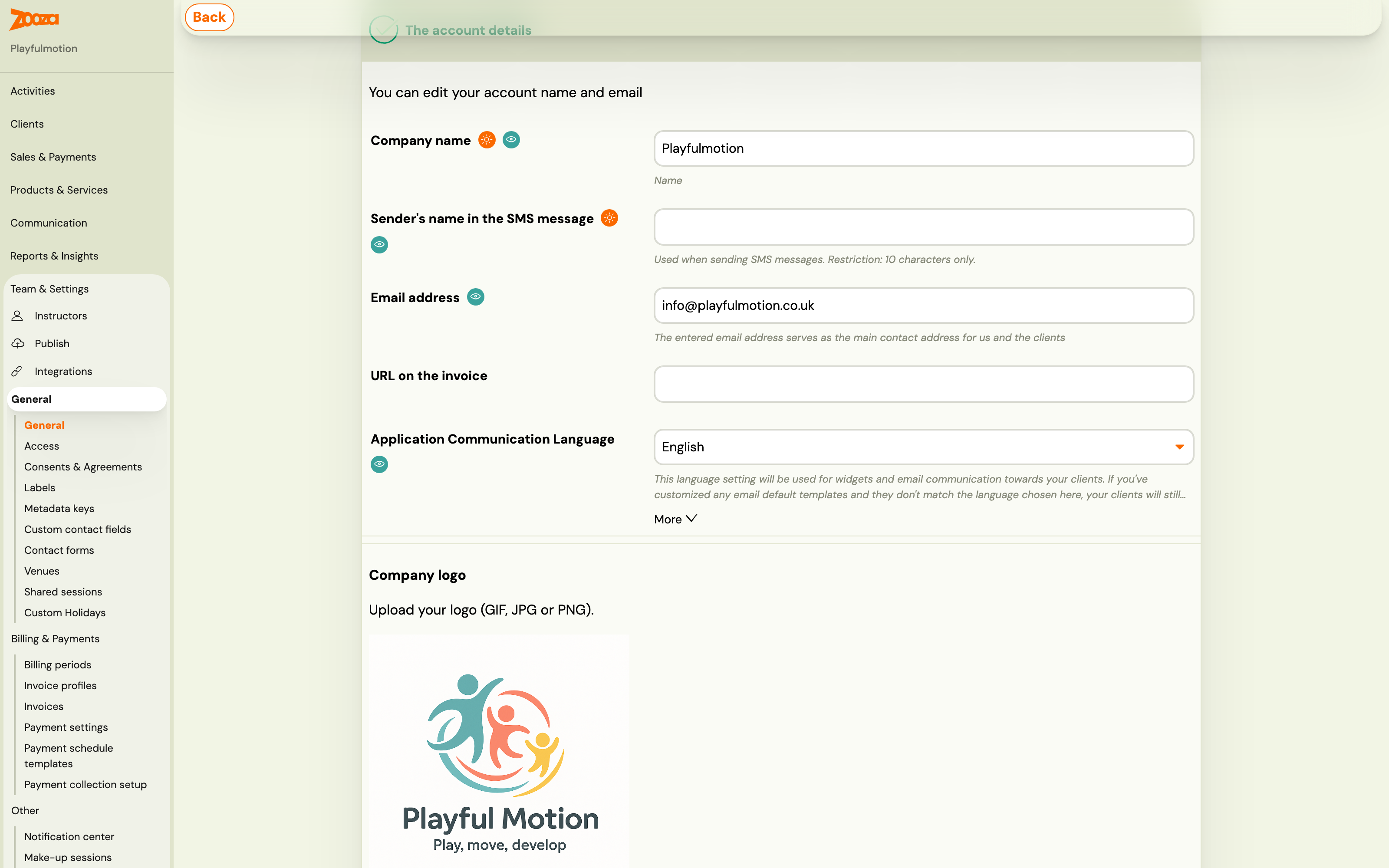 Company logo section on Settings → General with the drag-and-drop upload area
