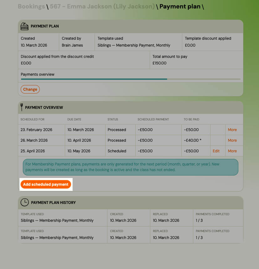 Screenshot — ad hoc scheduled payment