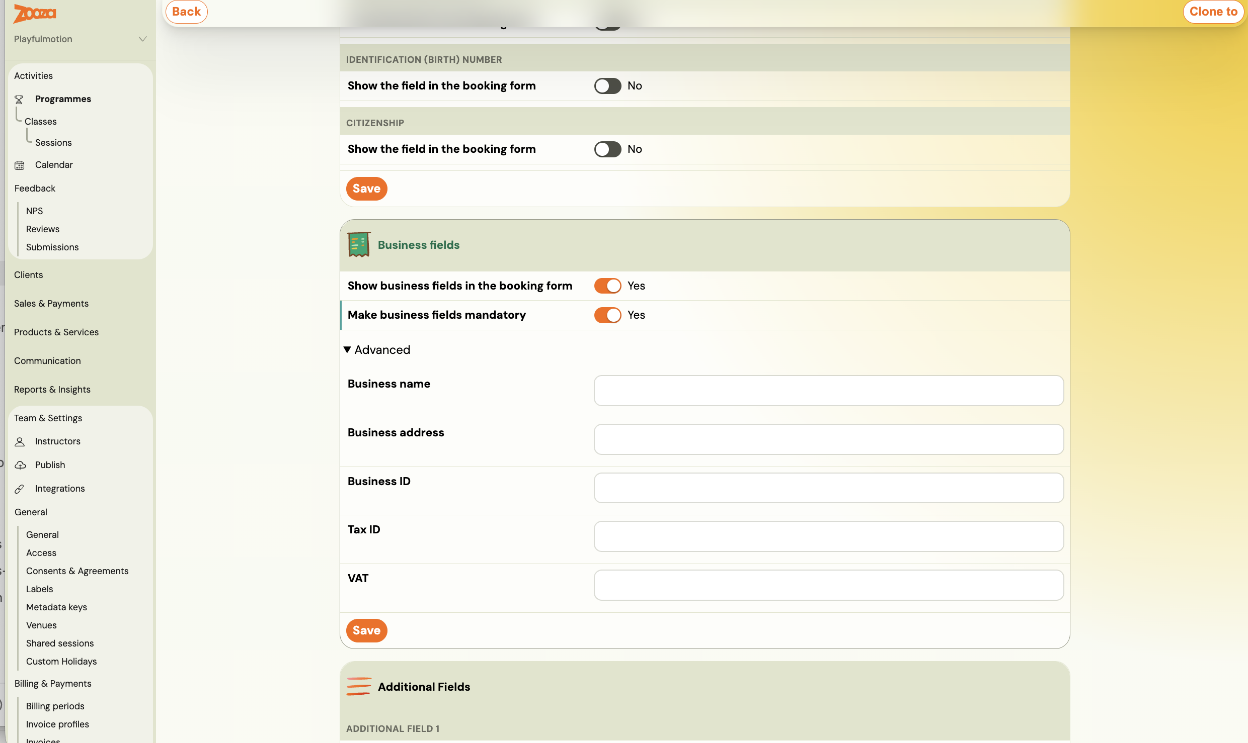 The Business fields card with Show business fields in the booking form and Make business fields mandatory, both set to Yes, above the list of individual business fields