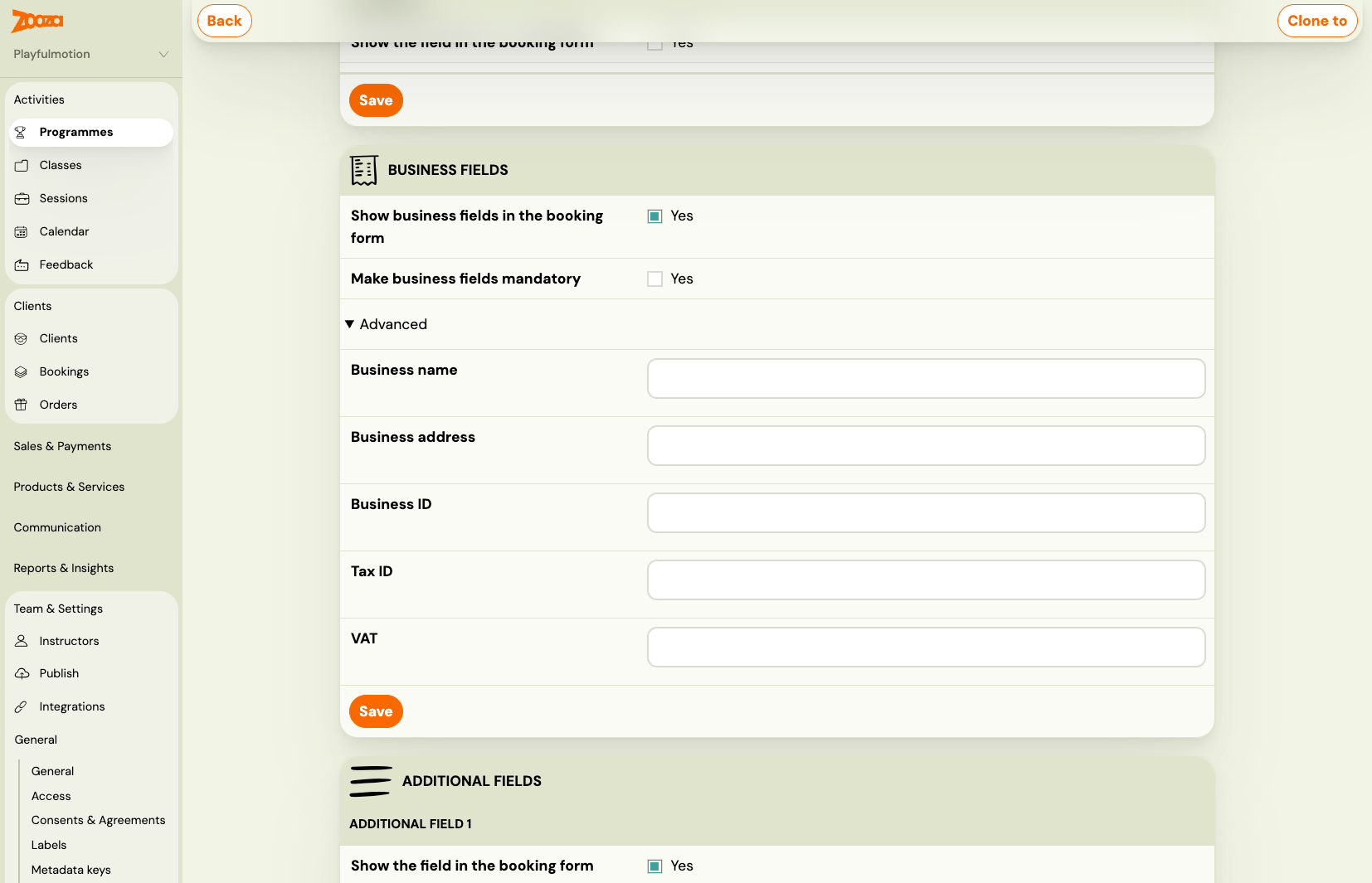 Business fields section in Additional fields settings