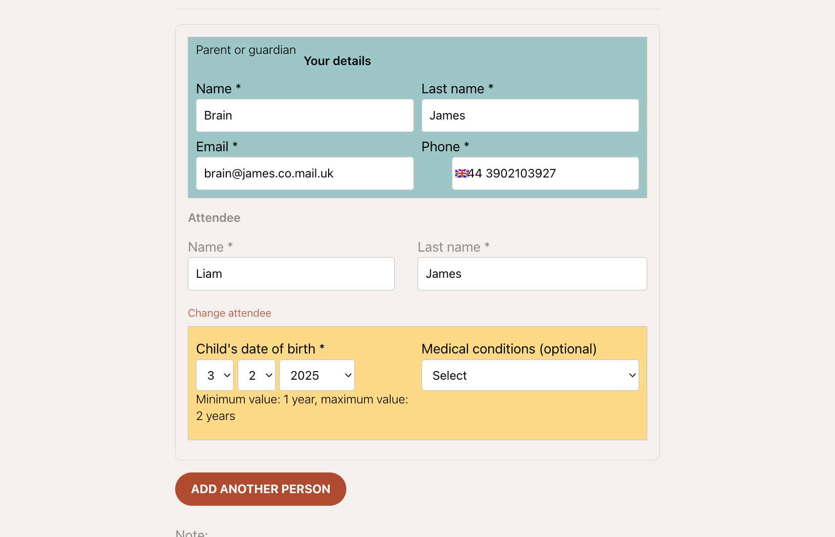 Booking widget form showing mandatory additional fields highlighted in yellow