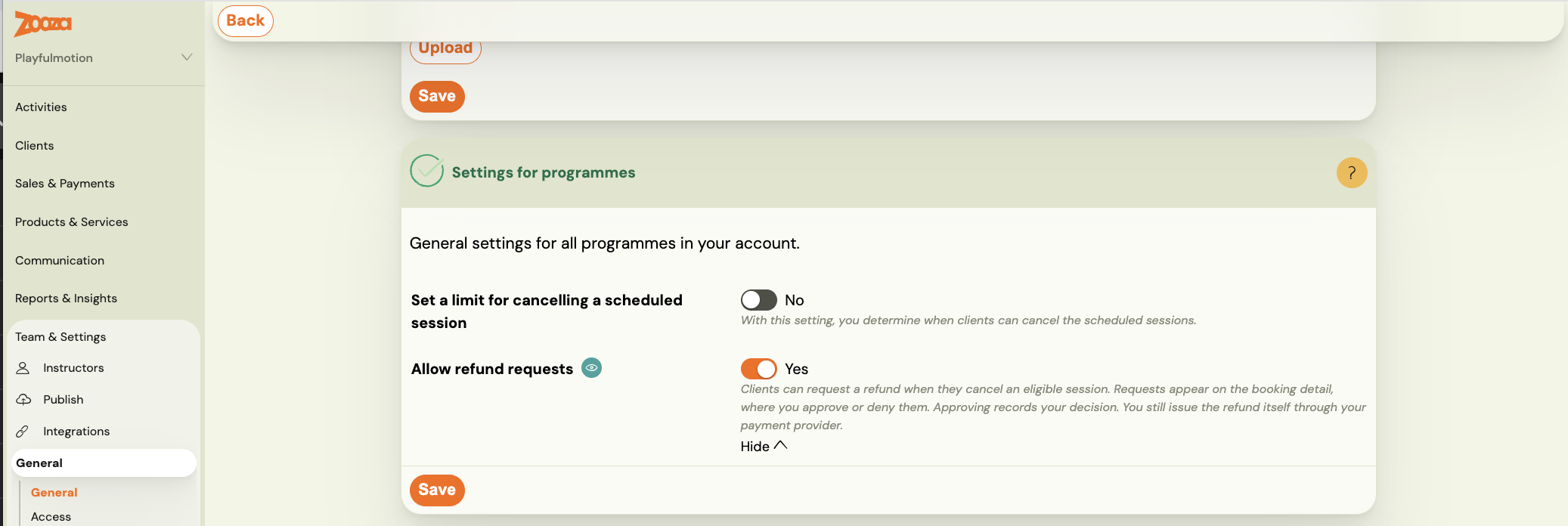 General settings for all programmes: a cancellation limit and Allow refund requests
