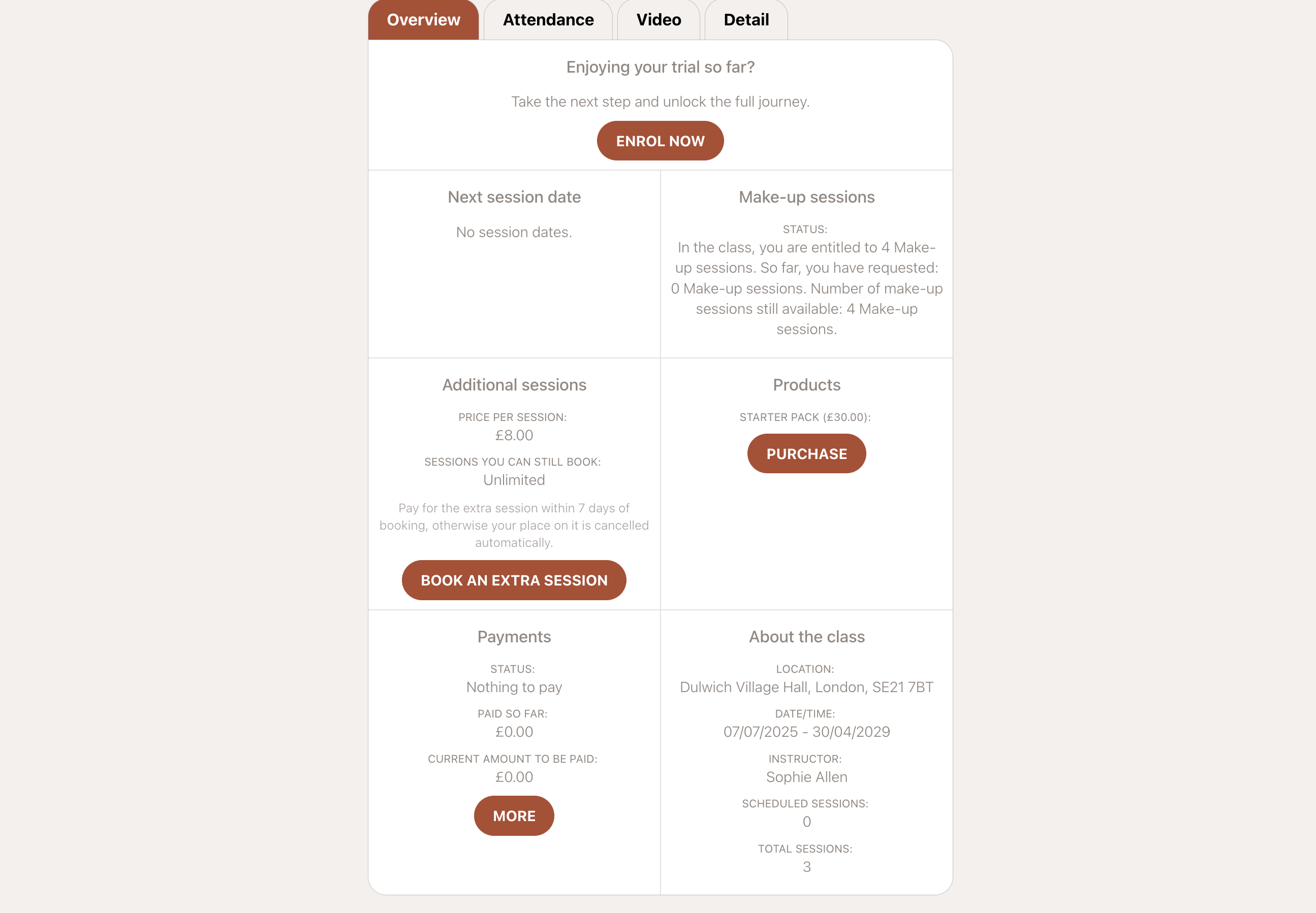 The Additional sessions card in the parent's profile, showing the price and the payment deadline