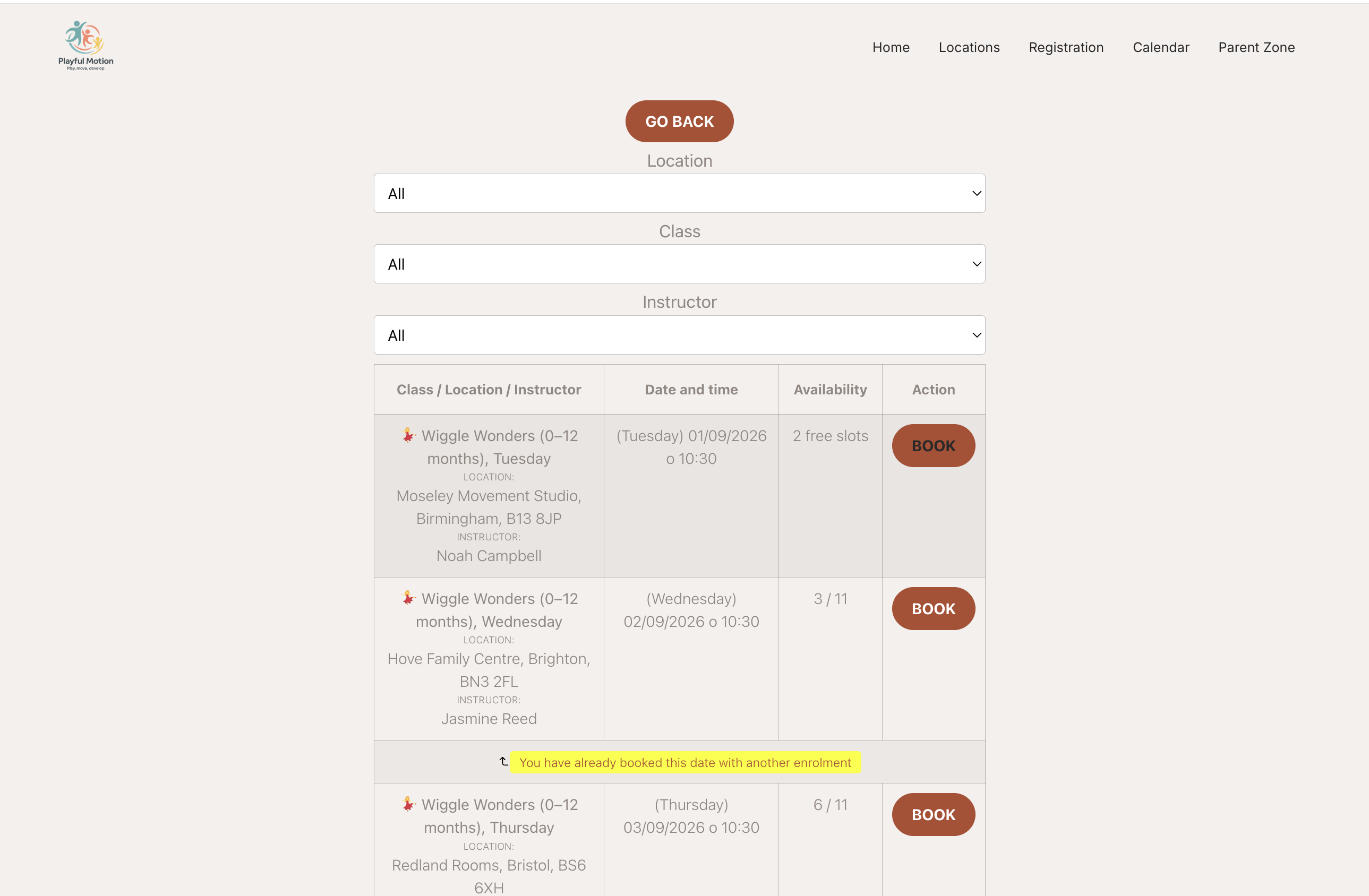 Choosing which session to attend, by class, location, instructor and time