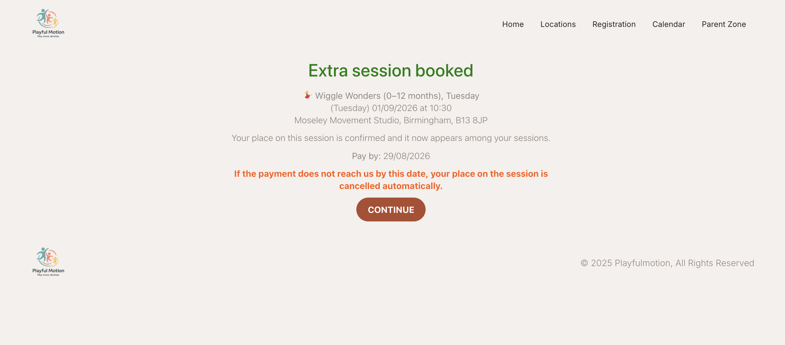 The confirmation: the place is booked and the pay-by date is stated