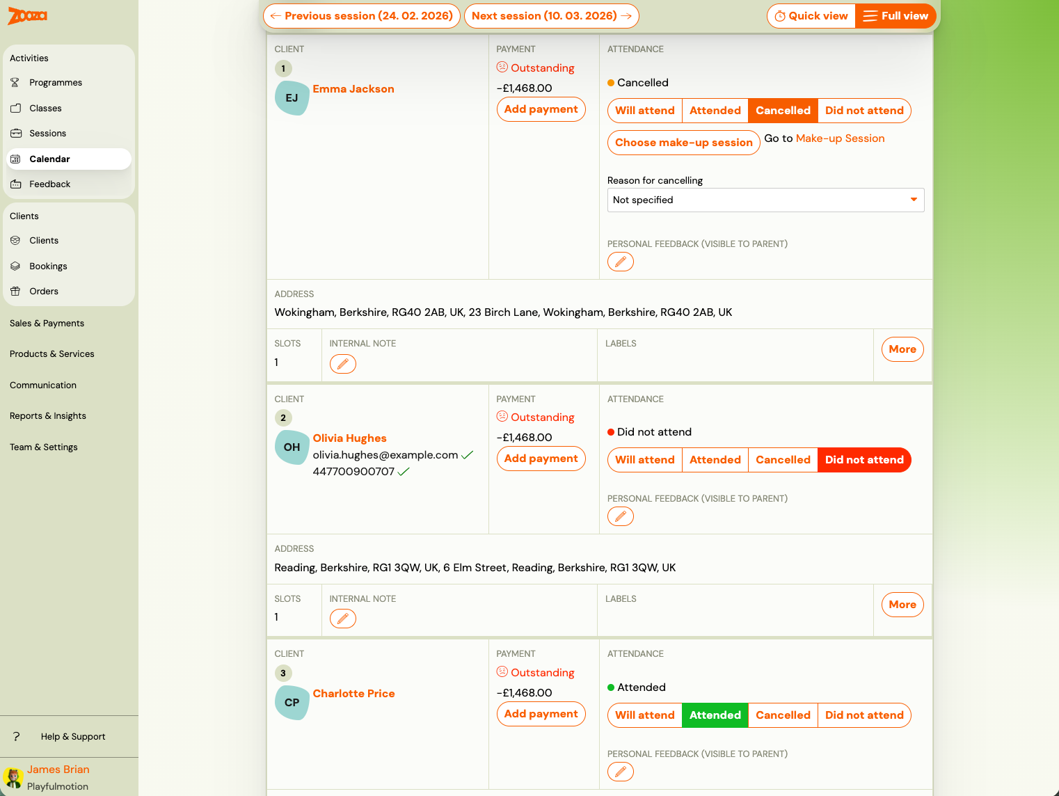 Screenshot — admin attendance management