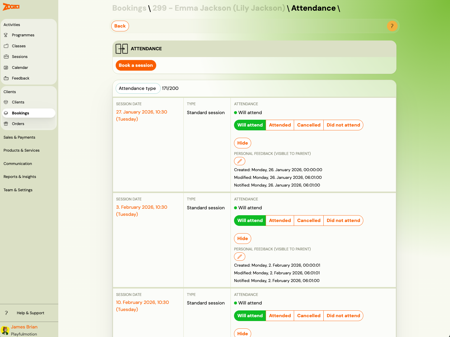Screenshot — admin attendance management