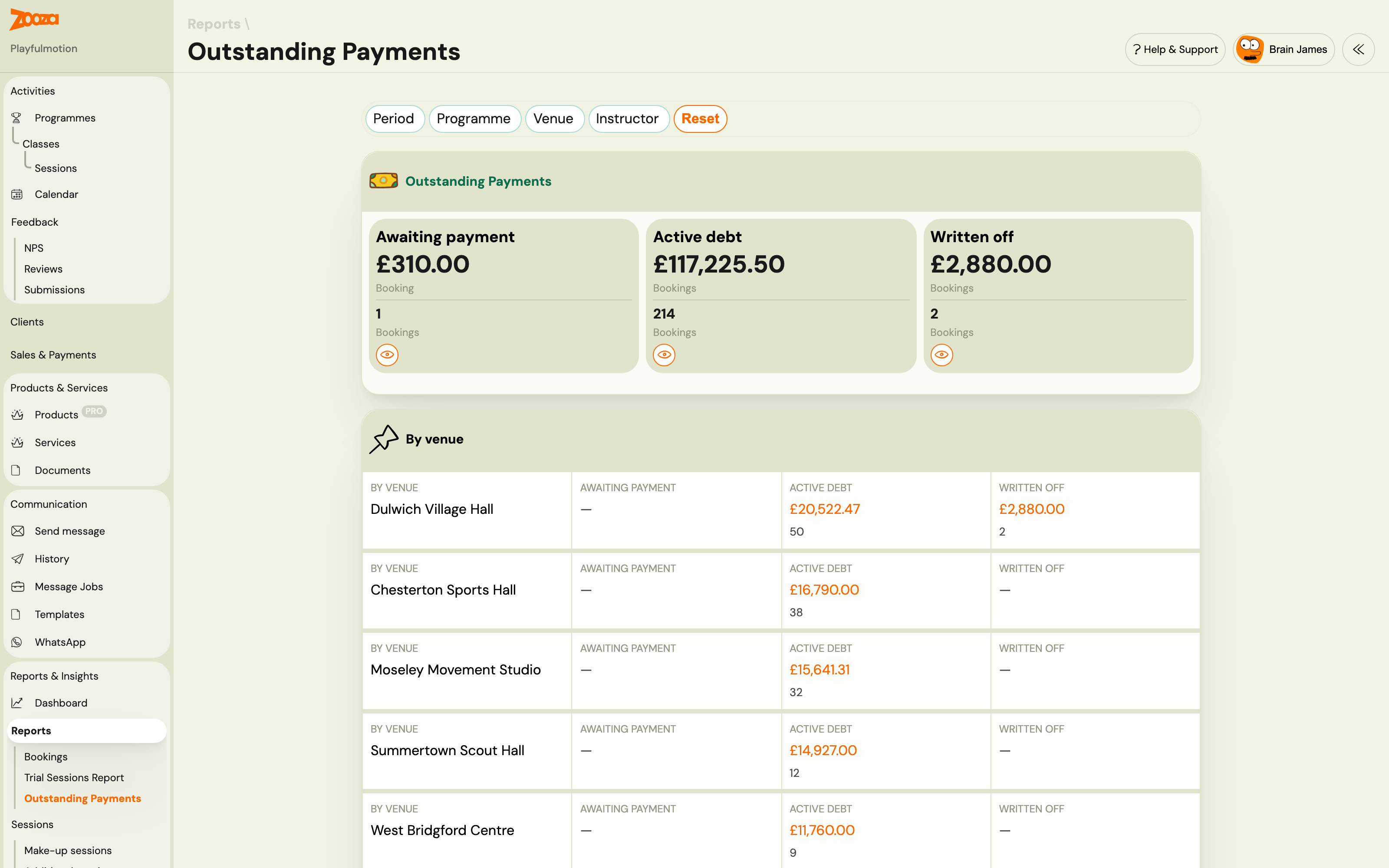 Outstanding payments report showing Awaiting payment, Active debt, and Written off cohorts