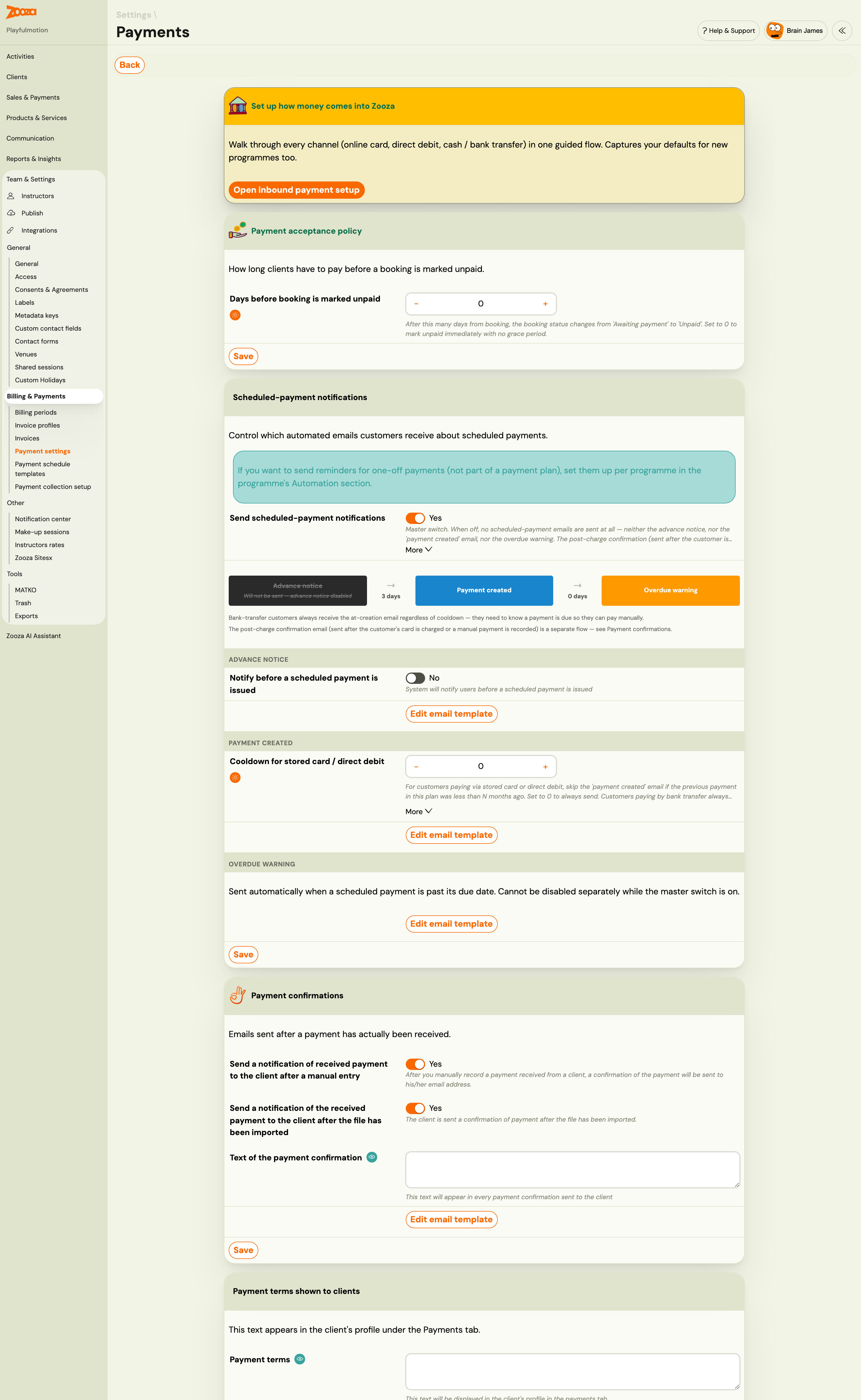 Settings → Billing &amp; Payments → Payment settings: payment acceptance policy and scheduled-payment notifications