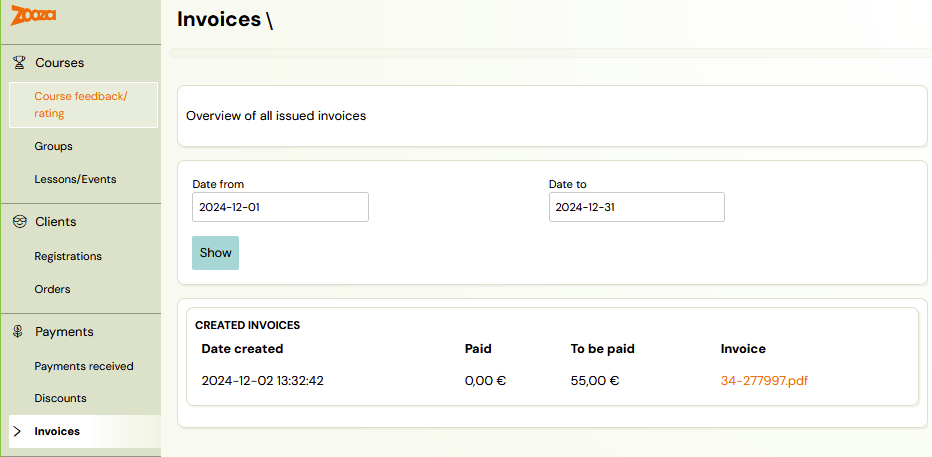 Invoices list with date filter