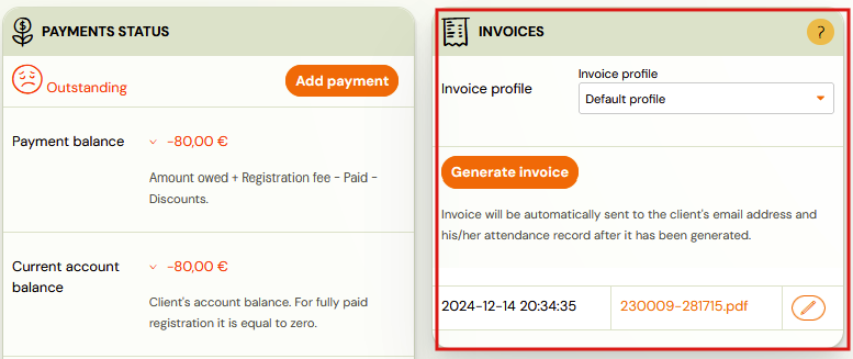 Generated invoice shown on booking detail