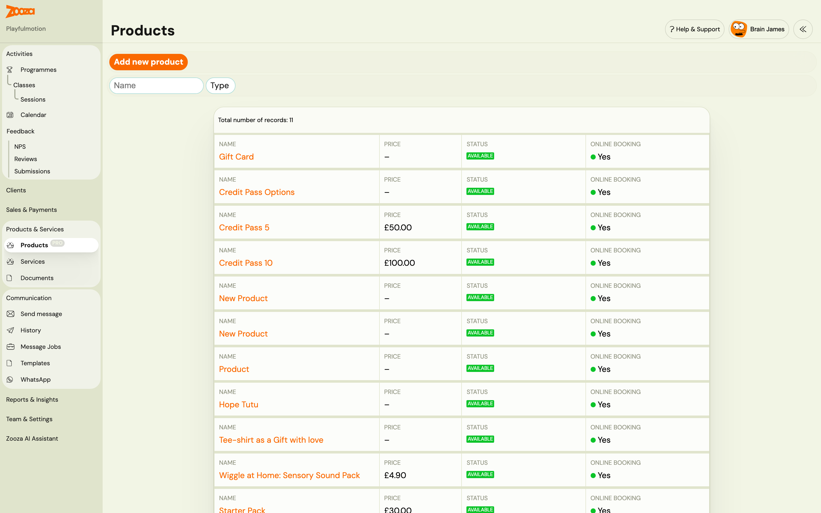 Products & Services → ProductsPRO: the products list with price, status and online booking columns