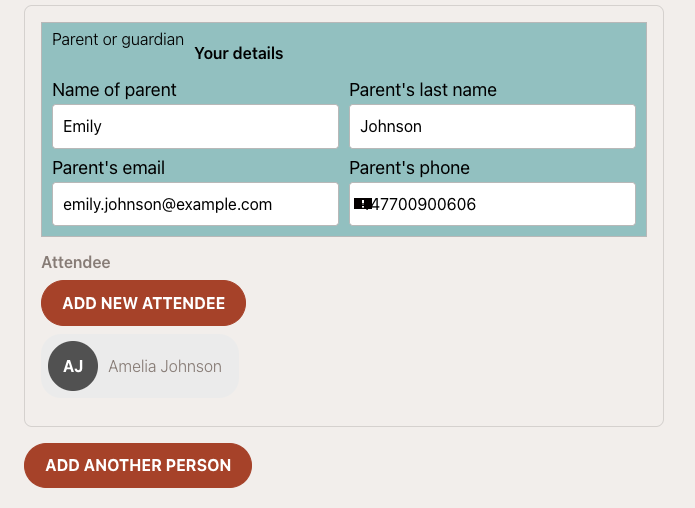 Screenshot — booking form attendee selection