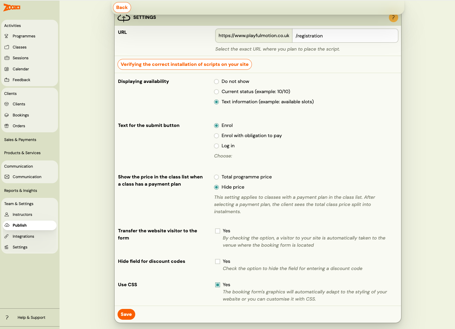 Screenshot — booking form settings