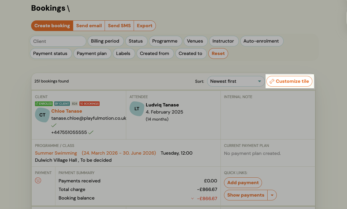 Screenshot — booking tile customization