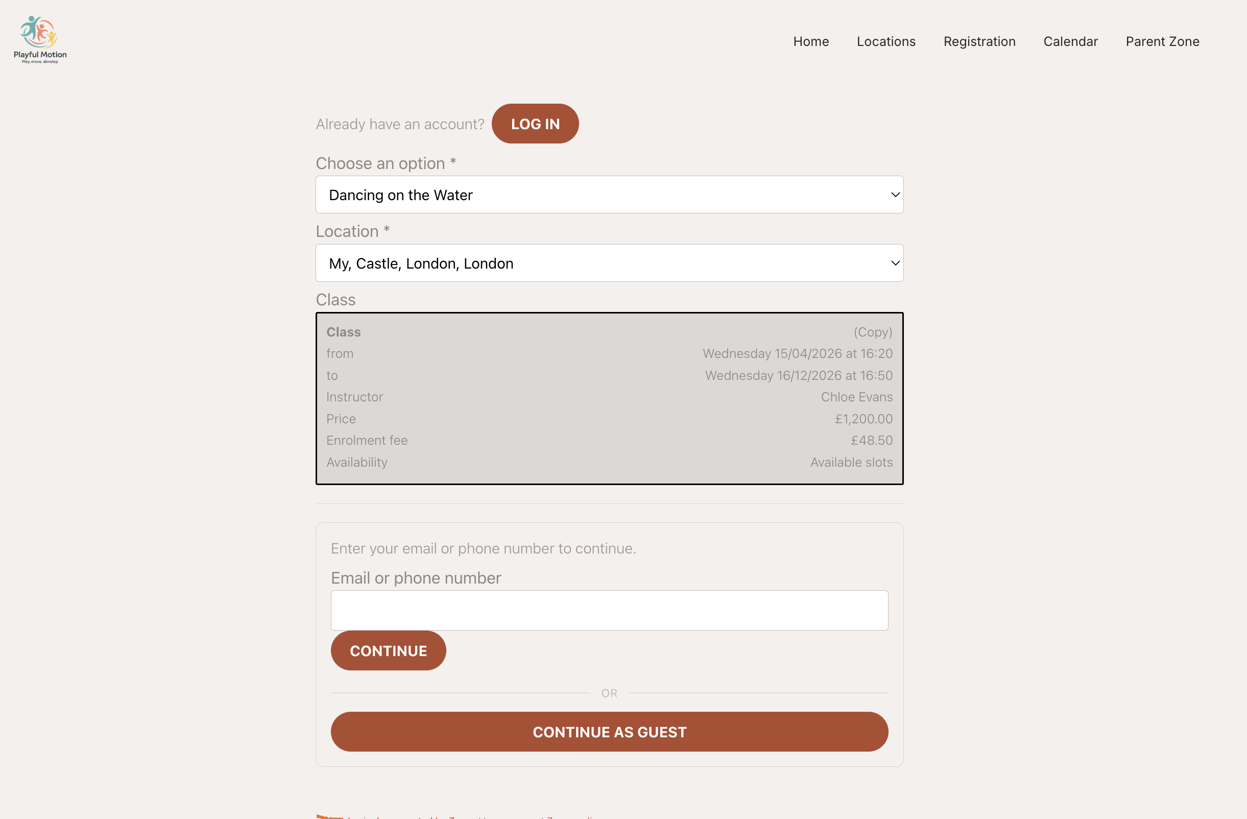 A live booking form: the Log in prompt, the email or phone step, and Continue as guest below an OR separator