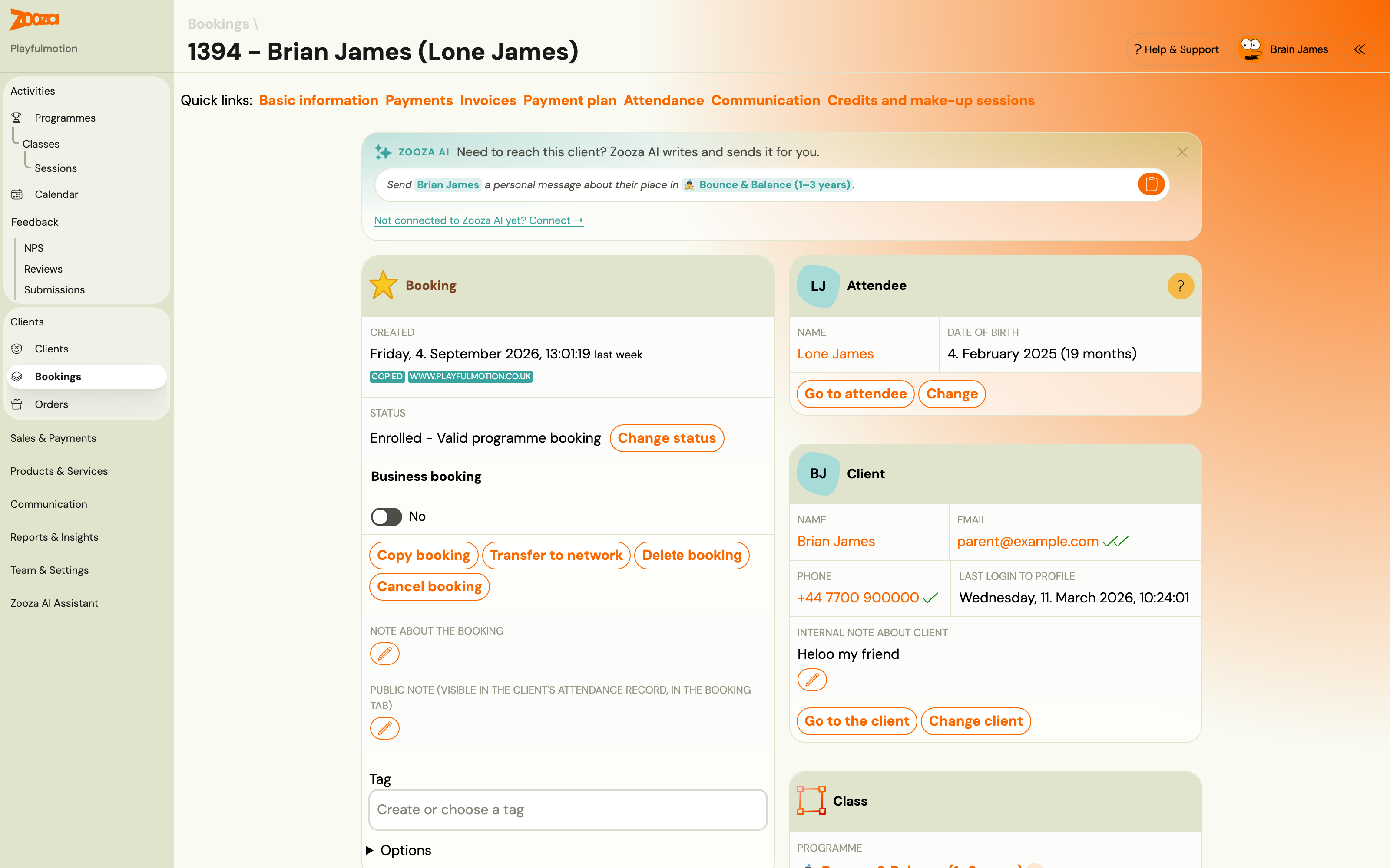 A booking detail page: quick links along the top, then the Booking, Attendee, Client and Class cards