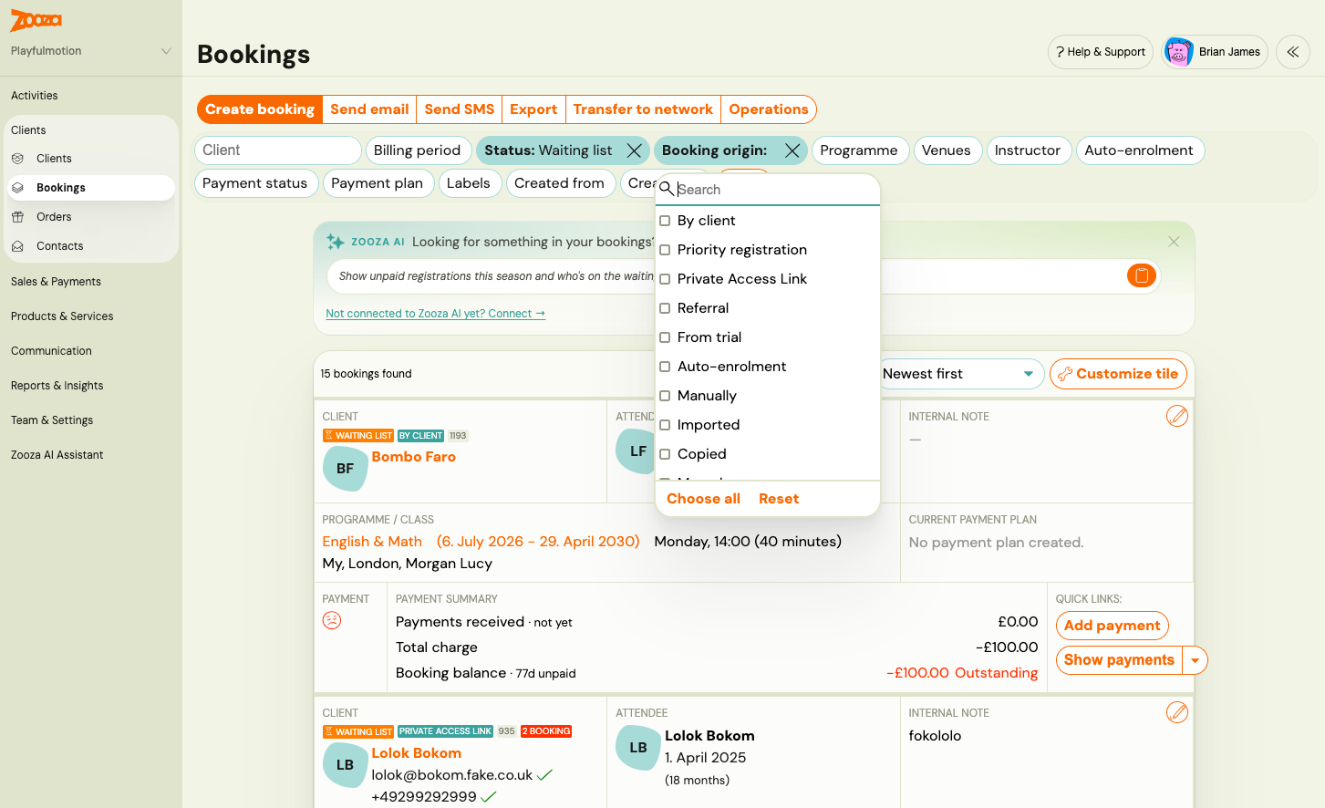 The Booking origin filter open on the bookings list, showing By client, Priority registration, Private Access Link, Referral, From trial, Auto-enrolment, Manually, Imported and Copied