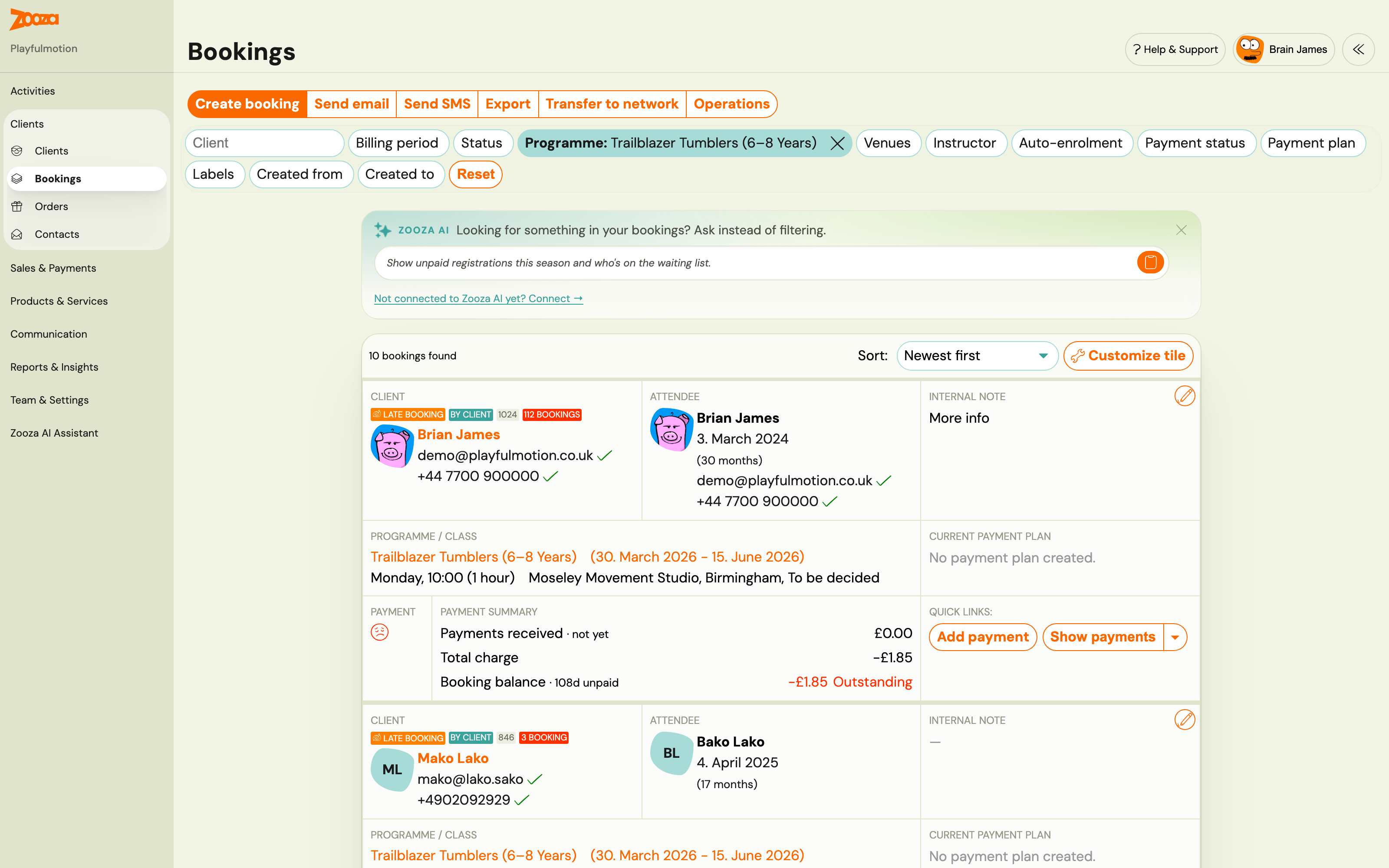 Bookings list with the filter row and booking tiles