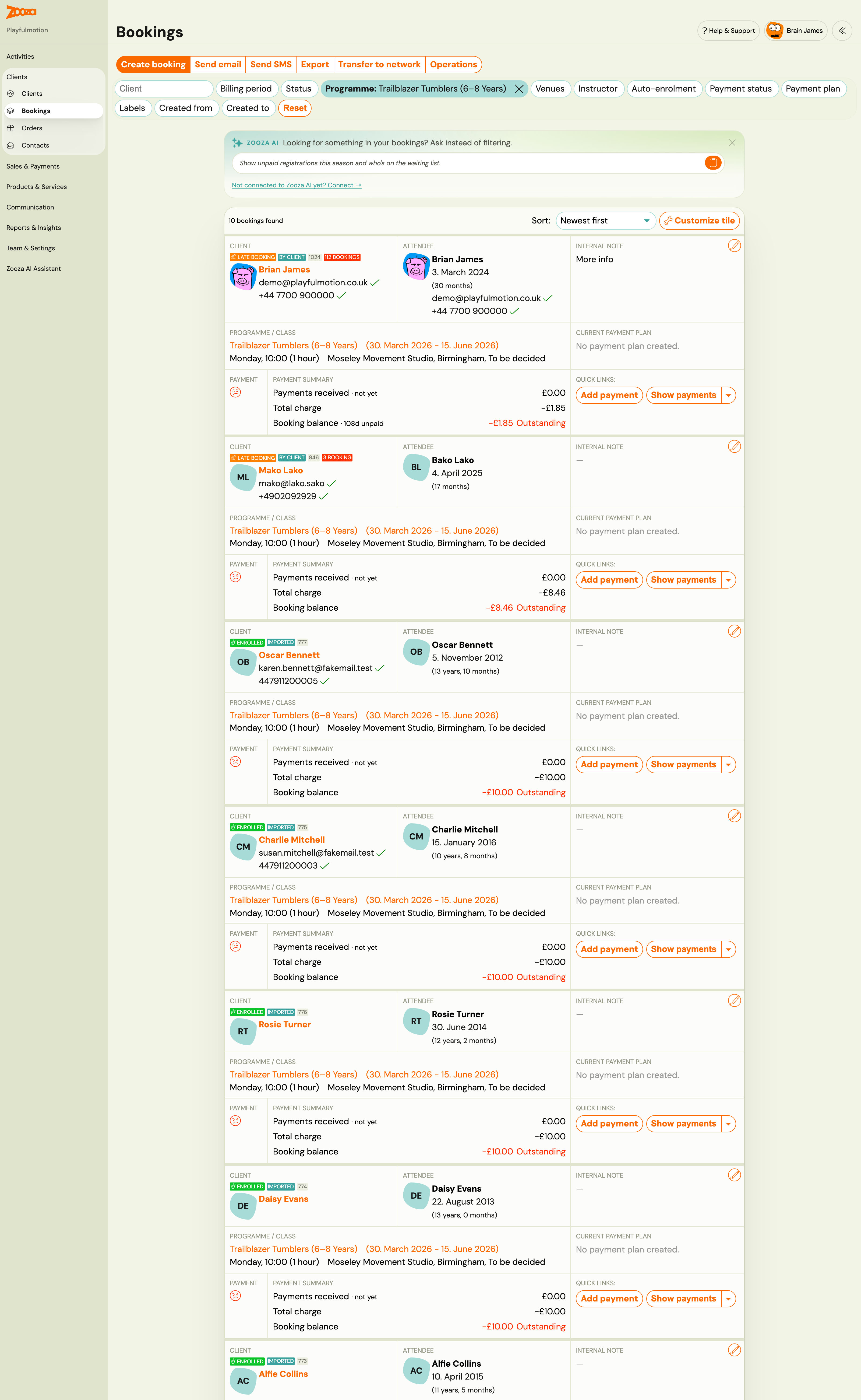 The Bookings list: action buttons, the filter row, and booking tiles showing client, attendee, internal note, programme and class, current payment plan and a payment summary