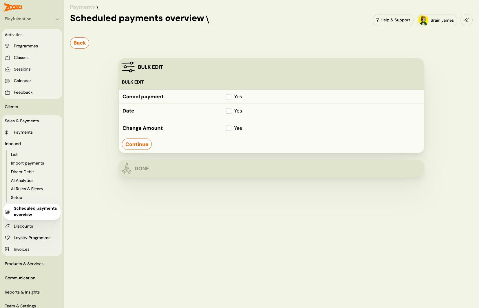 Bulk edit panel on Scheduled payments overview showing Cancel payment option