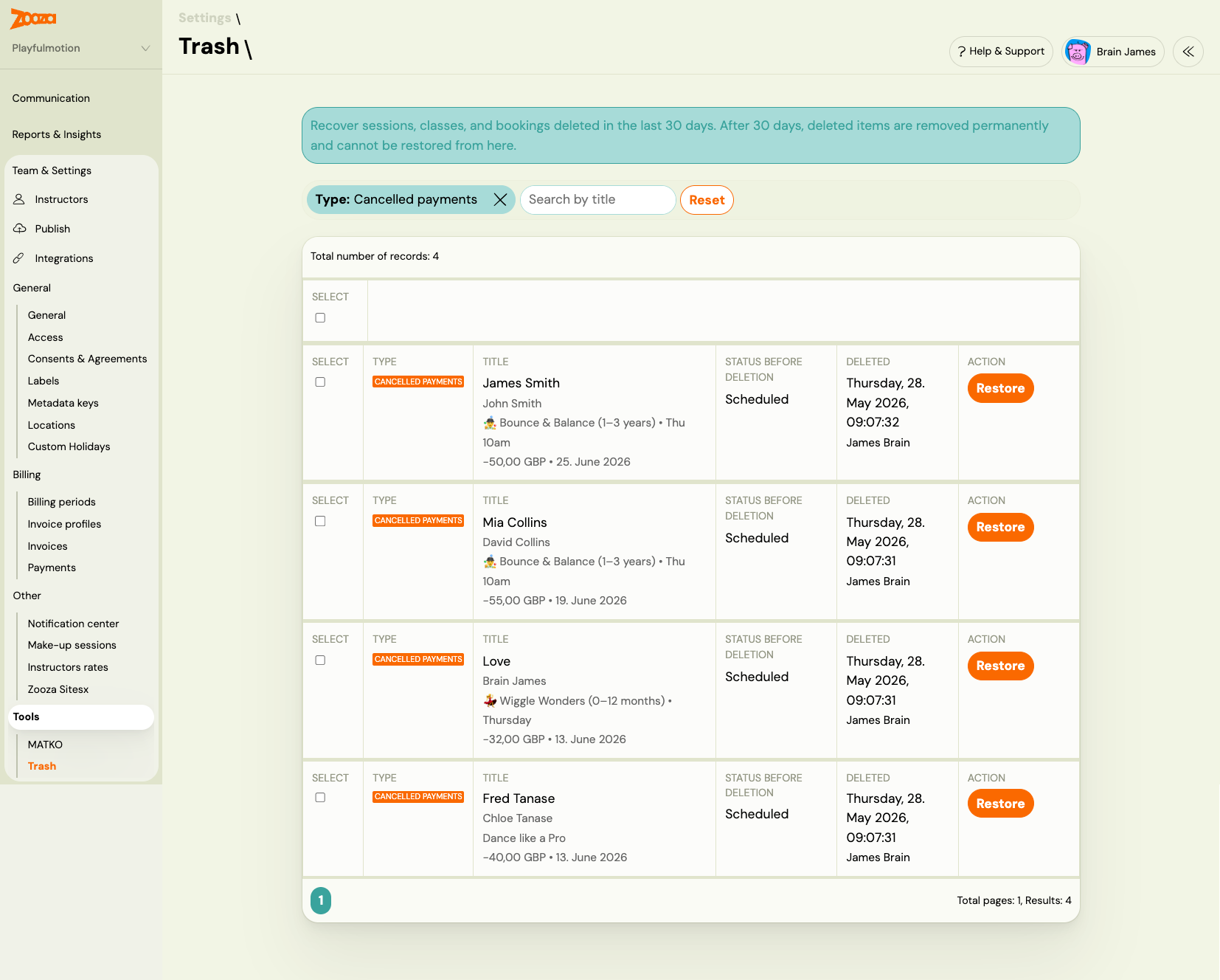 Trash filtered by Type: Cancelled payments showing restored scheduled payments