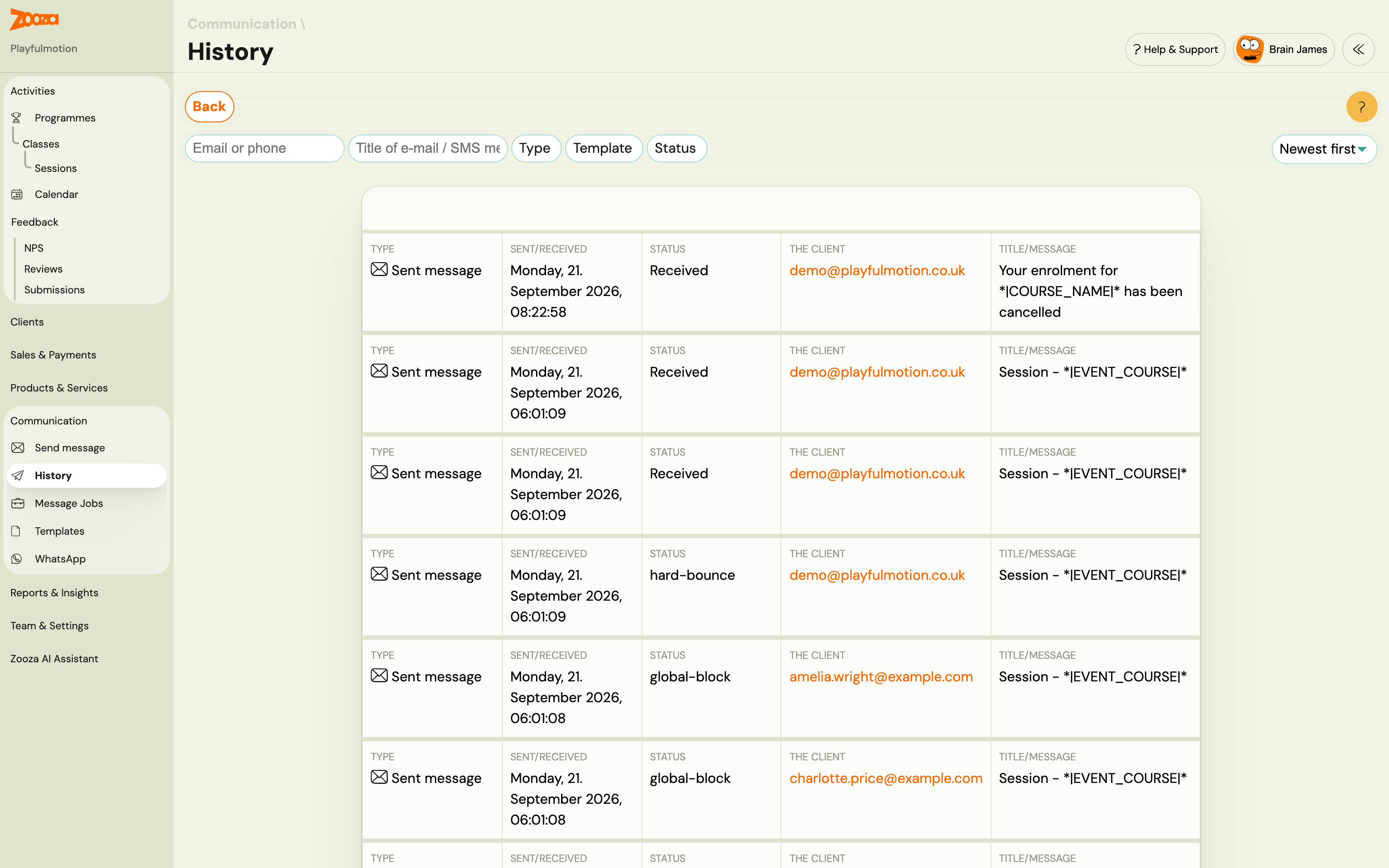 Communication → History: sent messages with type, sent date, status, client and template