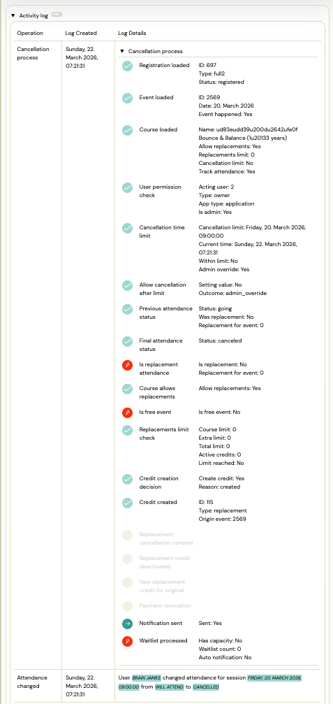 Screenshot — cancellation log