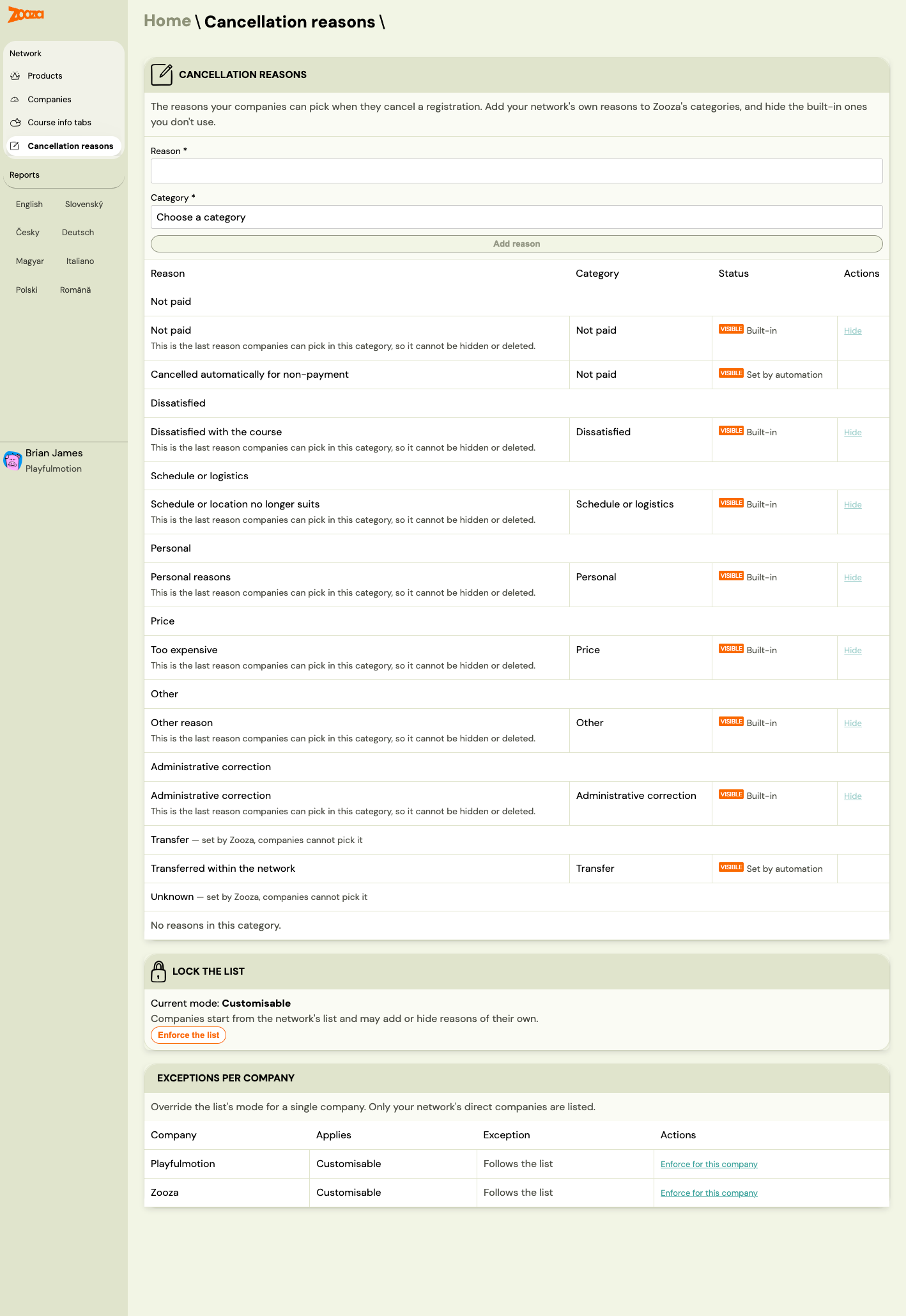 The network cancellation reasons screen: reasons grouped by category with built-in and automation types, a Lock the list card showing Customisable mode, and a per-company exceptions table