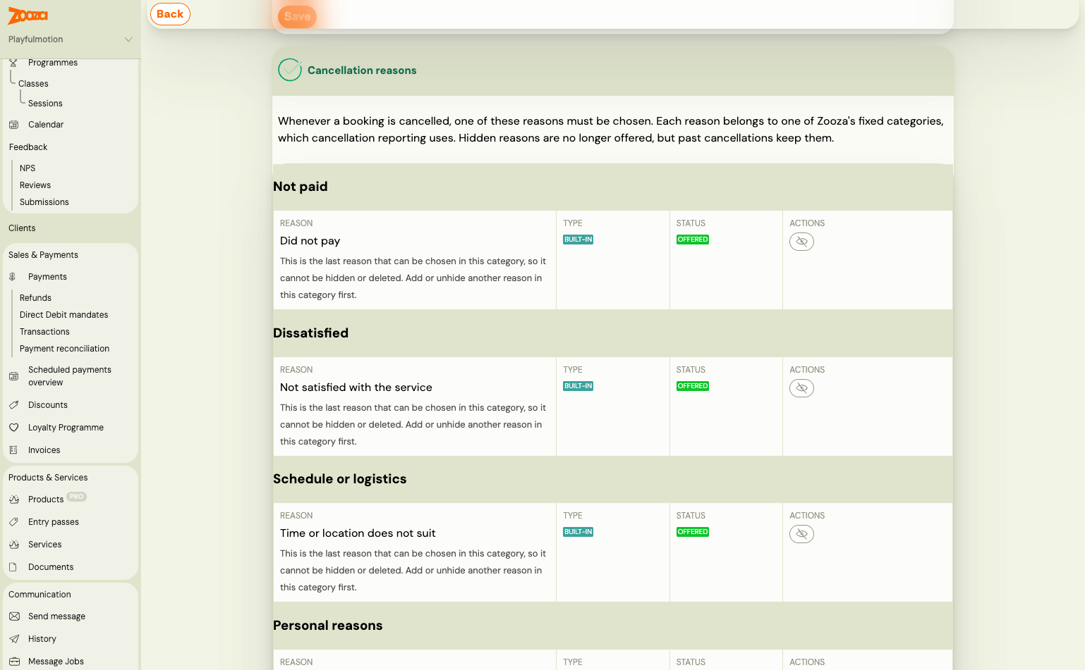 The Cancellation reasons card grouped by category — Not paid, Dissatisfied, Schedule or logistics — each reason showing its type and whether it is offered