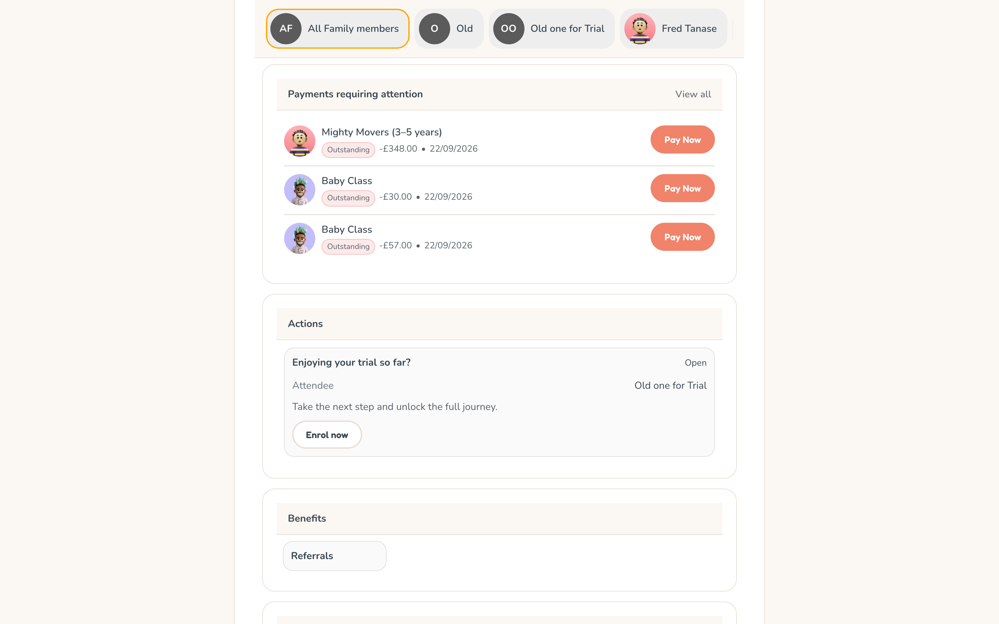Client zone dashboard: family members, payments requiring attention, actions and benefits