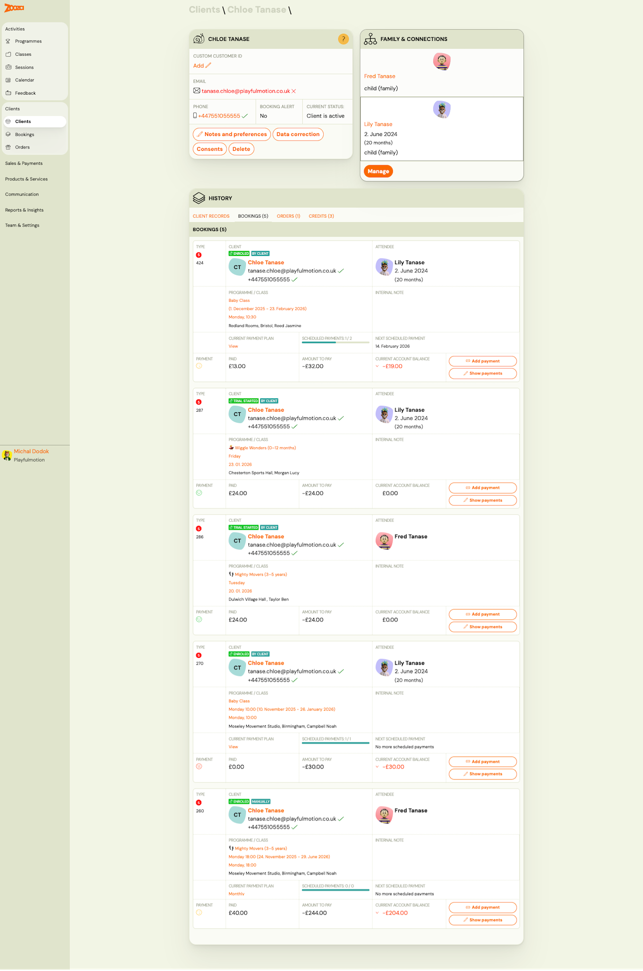 Client detail with bookings — Chloe Tanase