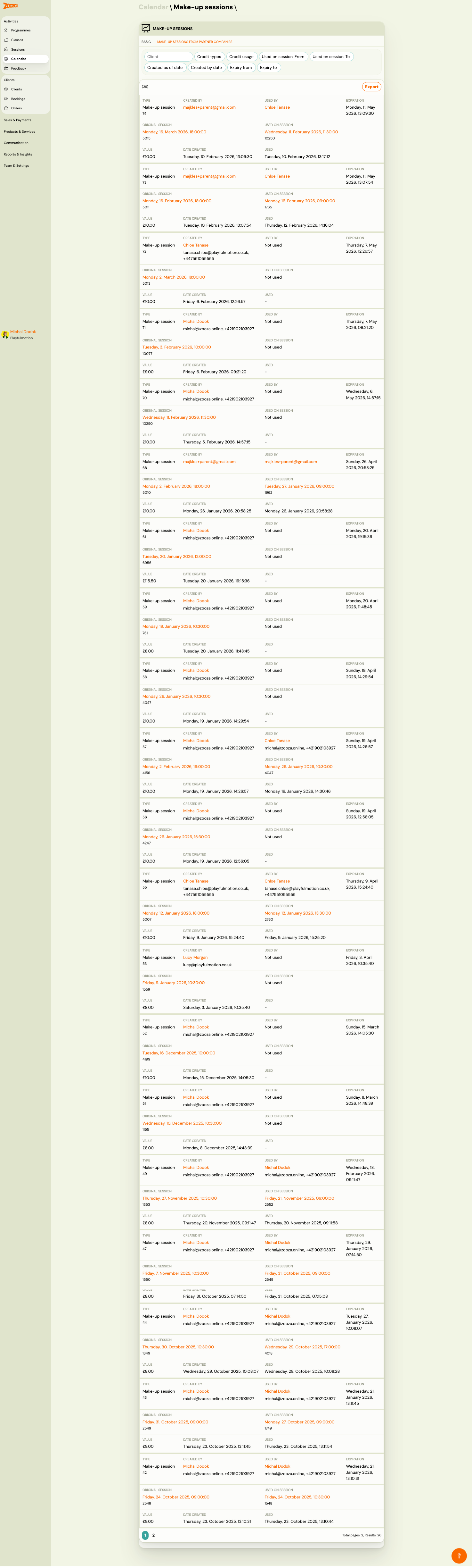 Make-up Sessions list