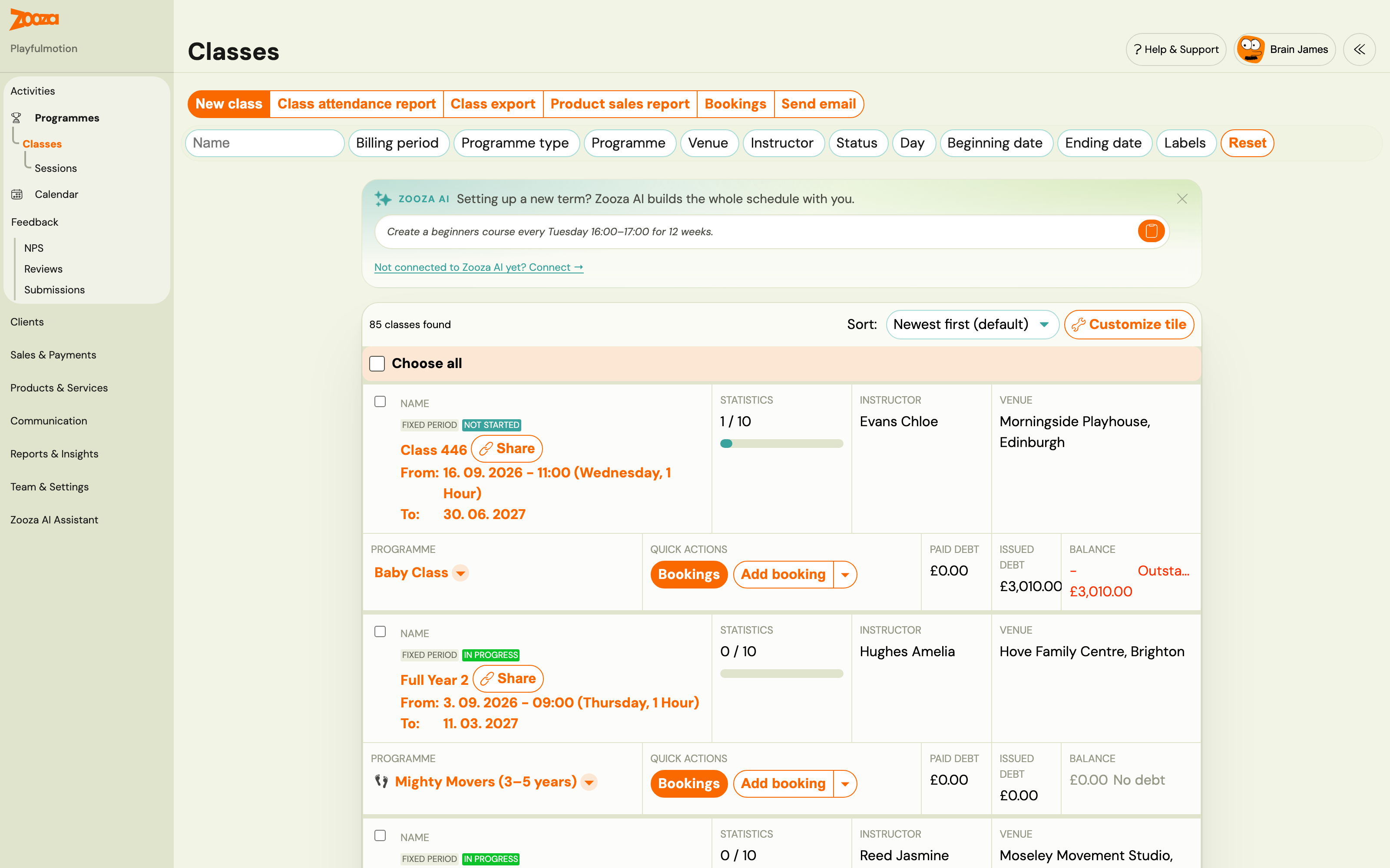 The Classes list: action buttons across the top, the filter row, and class tiles showing statistics, instructor, venue, paid and issued debt
