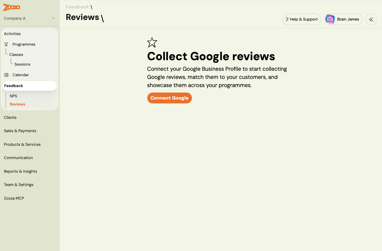 Feedback menu showing the NPS and Reviews sections
