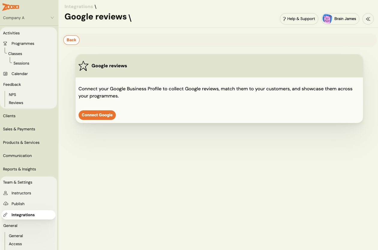 Google connection settings panel under Feedback Reviews