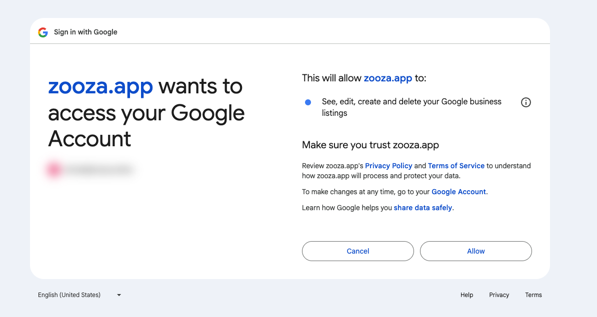 Reviews connection showing the connected Google account