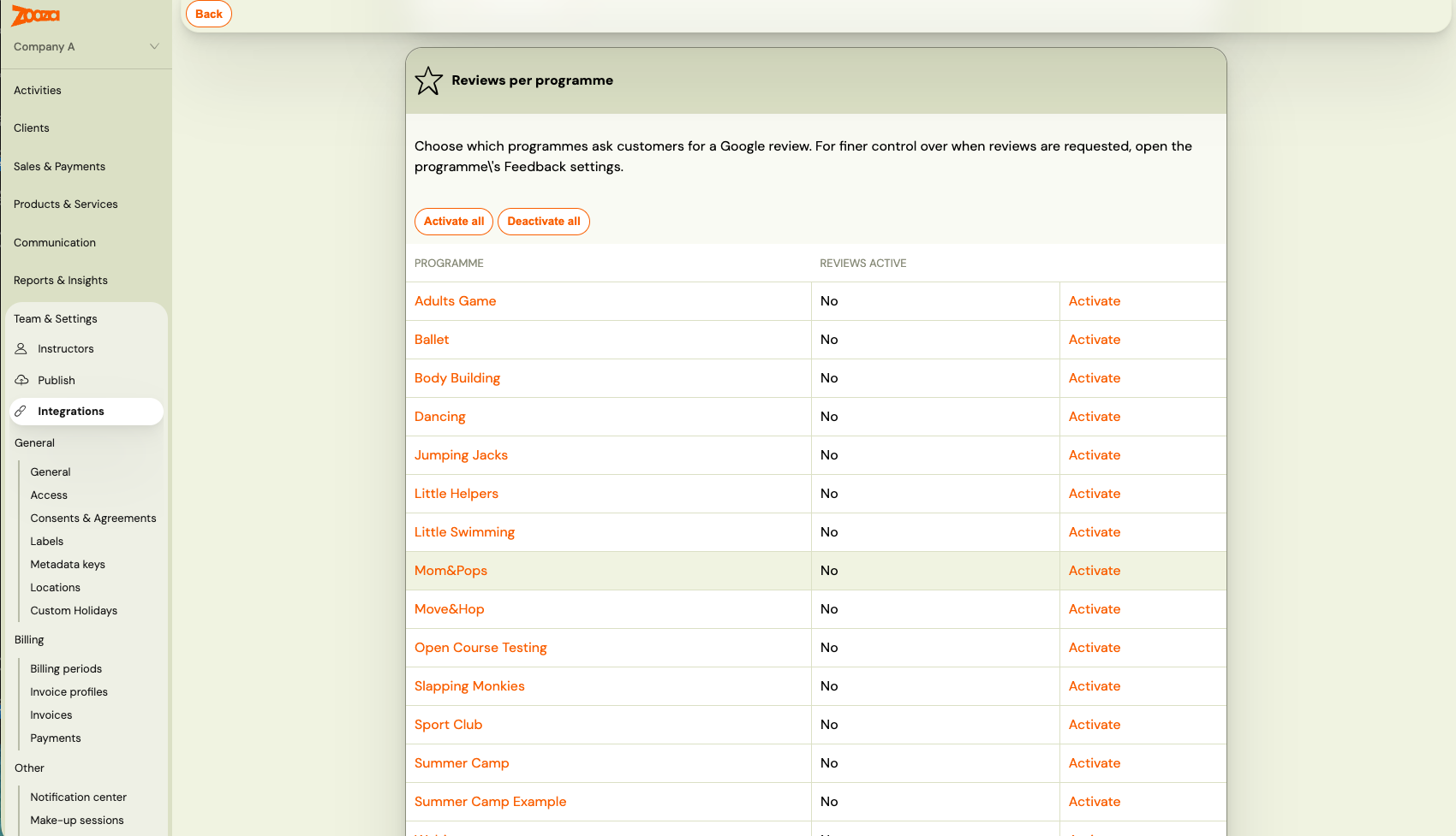 Programme feedback settings with the Reviews trigger section