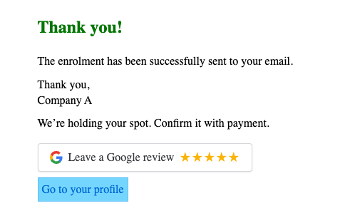 Registration widget thank-you screen showing the Google review prompt