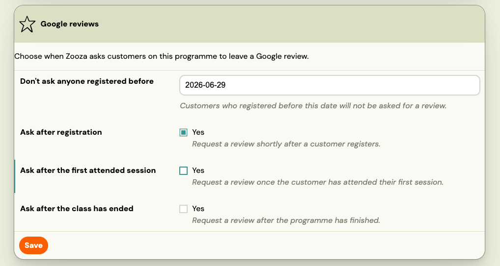 Reviews start date field in the programme feedback settings