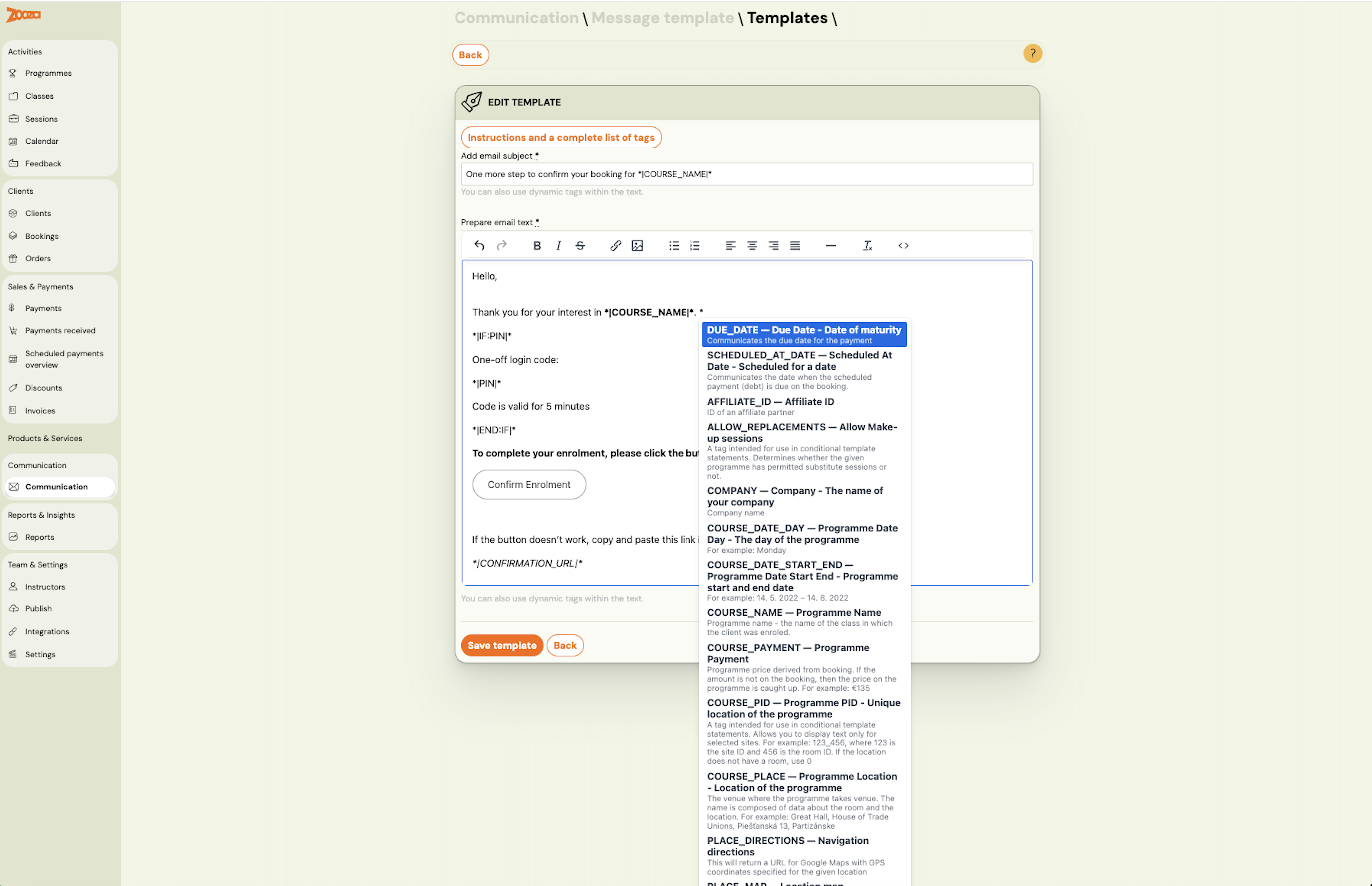 Screenshot — communication message templates