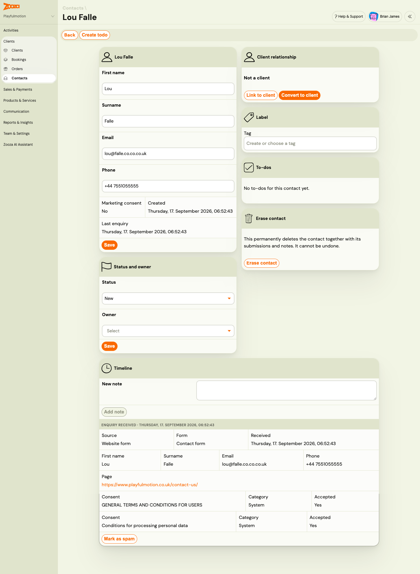 A contact's detail page: the identity card with first name, surname, email, phone, marketing consent and dates; the Status and owner card; Client relationship, Label, To-dos and Erase contact on the right; and the timeline below