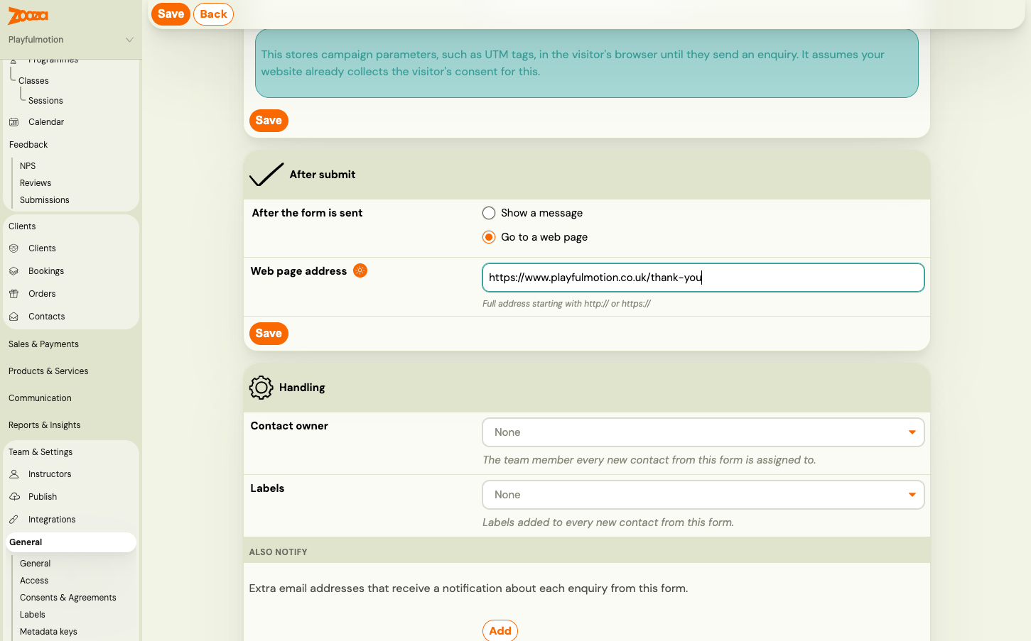 The After submit card with Go to a web page selected and a thank-you page address entered