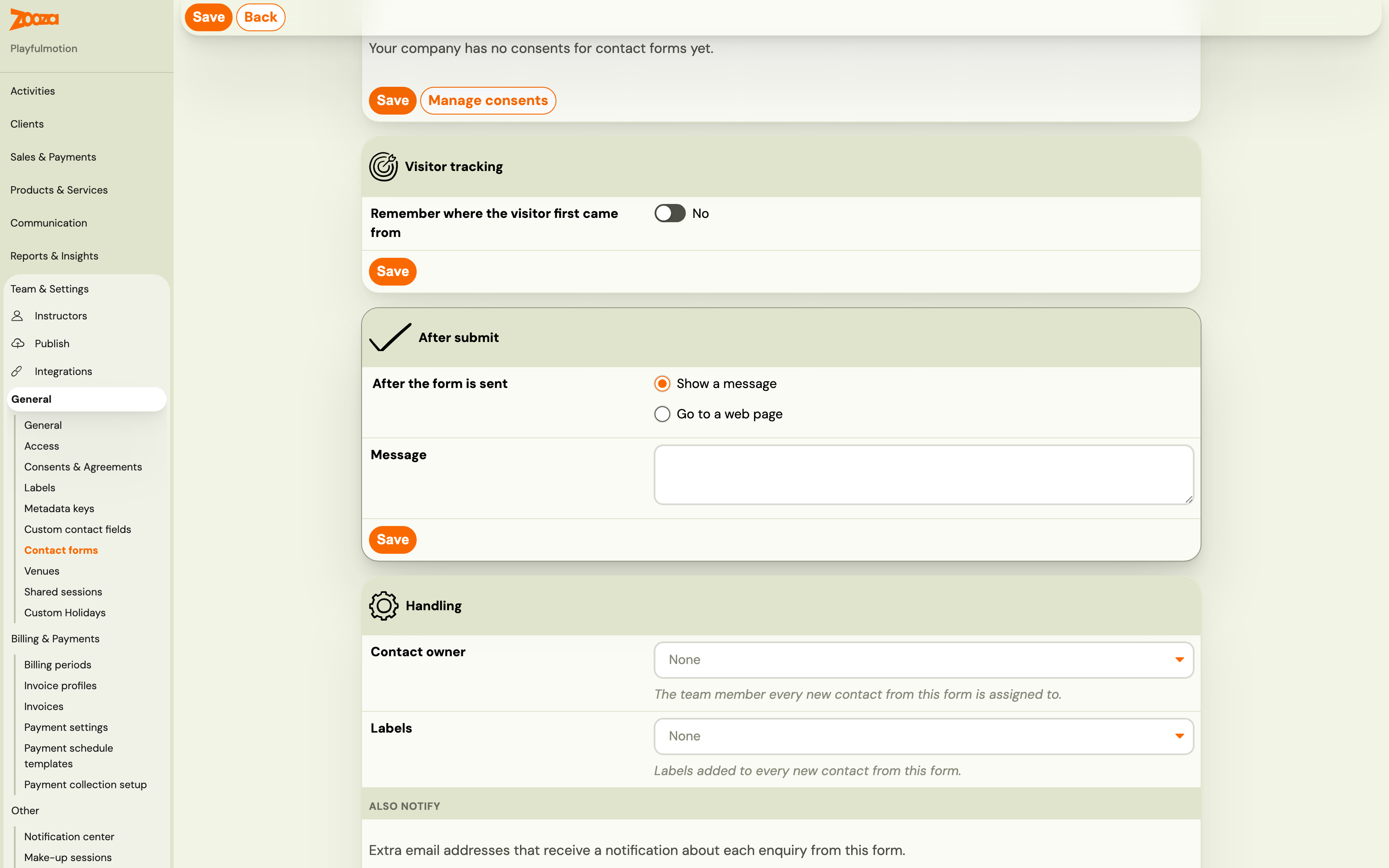 The After submit card with Go to a web page selected and a thank-you page address entered