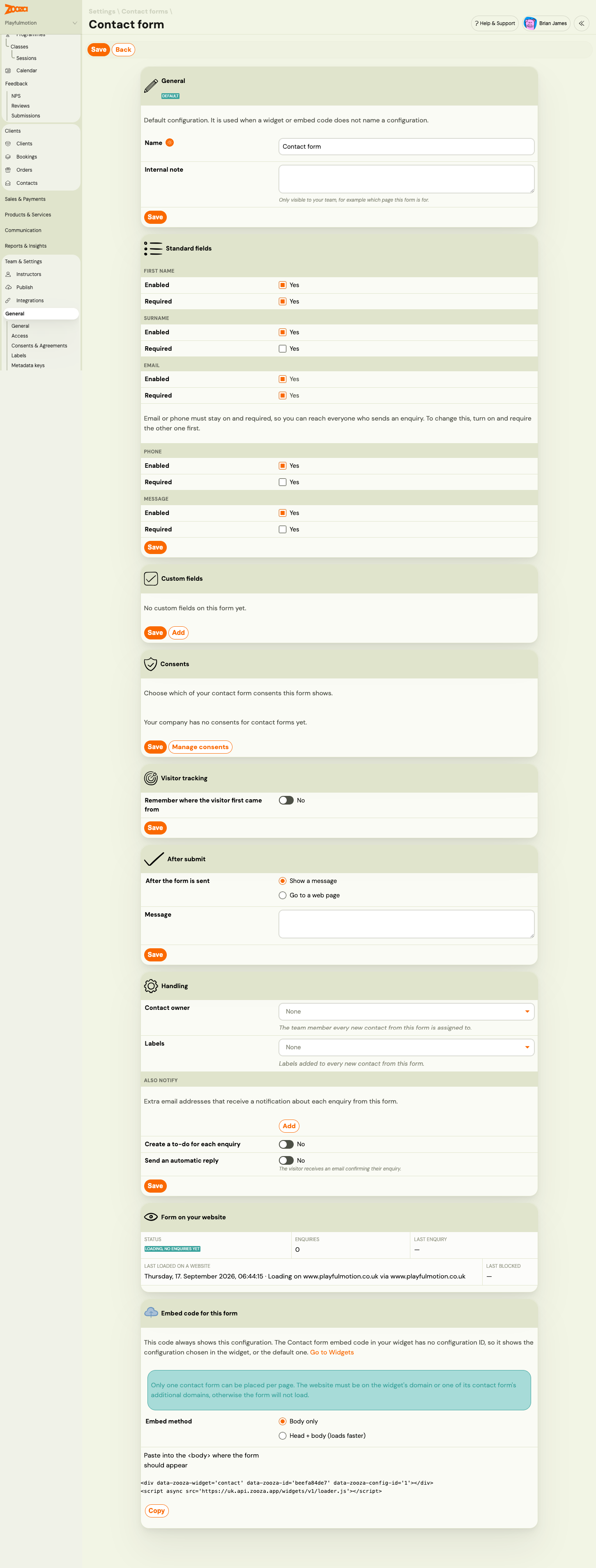 The full contact form editor: General, Standard fields, Custom fields, Consents, Visitor tracking, After submit, Handling, Form on your website and Embed code cards