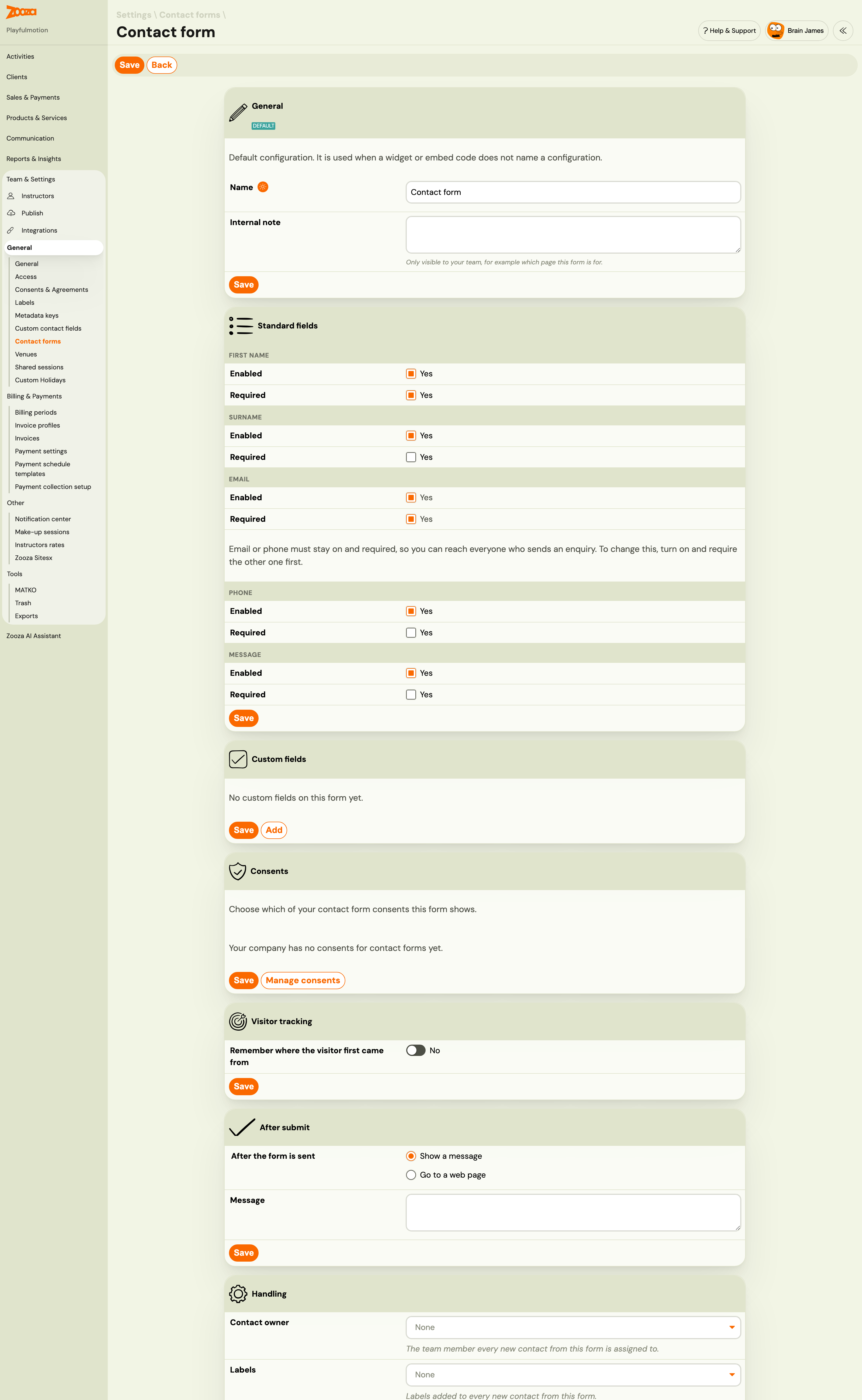 The full contact form editor: General, Standard fields, Custom fields, Consents, Visitor tracking, After submit, Handling, Form on your website and Embed code cards