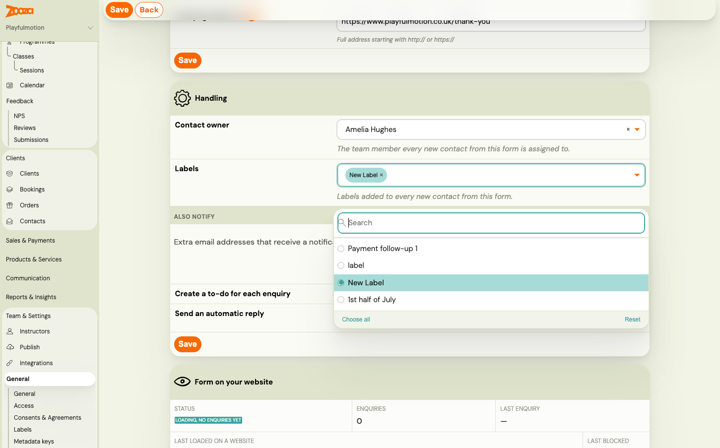 The Handling card with a contact owner selected, a label being chosen from the dropdown, and the Also notify section below