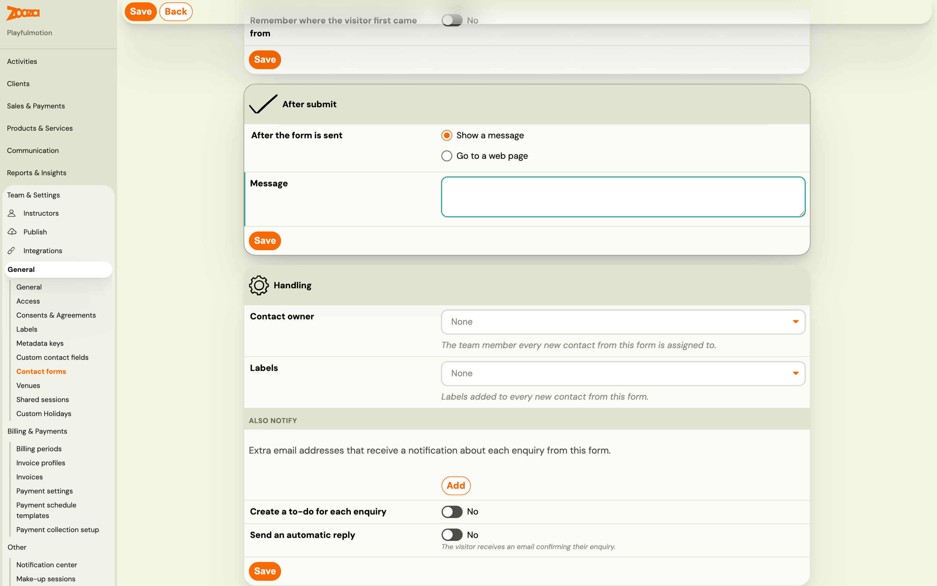 The Handling card with a contact owner selected, a label being chosen from the dropdown, and the Also notify section below