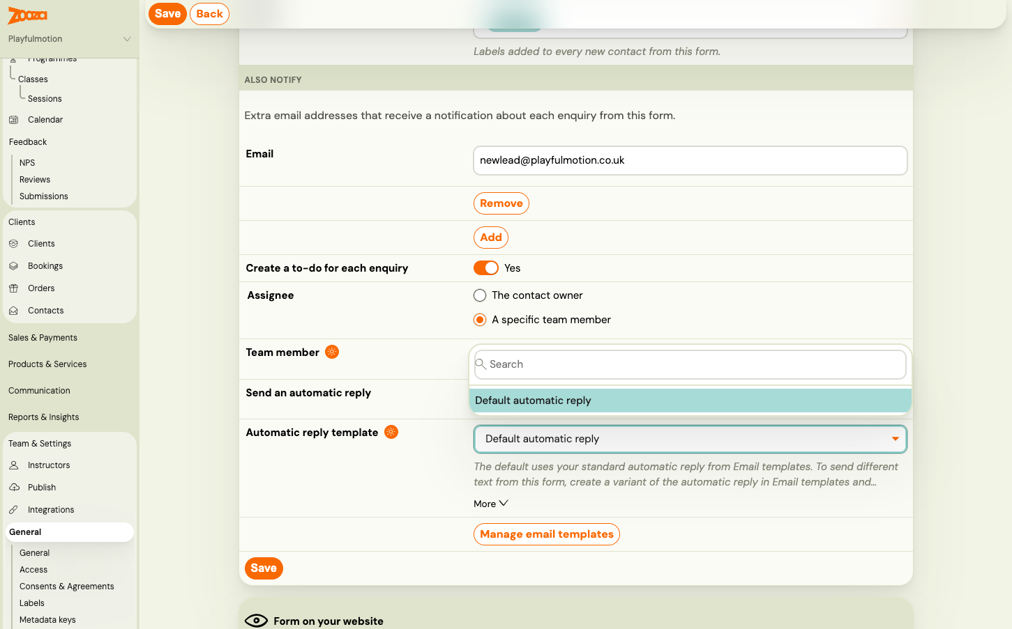 The Handling card with Create a to-do for each enquiry on, assignee set to A specific team member, and the Automatic reply template dropdown showing Default automatic reply