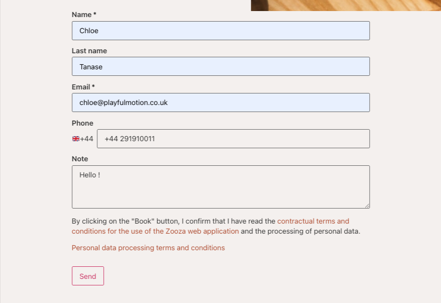 The contact form on a website: Name, Last name, Email, Phone and Note fields, the consent texts and a Send button